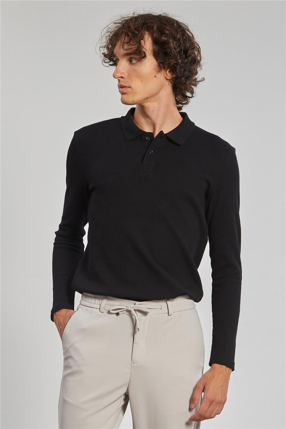 Erkek Polo Yaka Waffle Sweatshirt - Siyah
