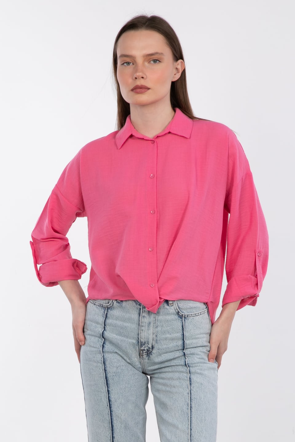 Etek ucu düğümlü gömlek-24-269 Pembe