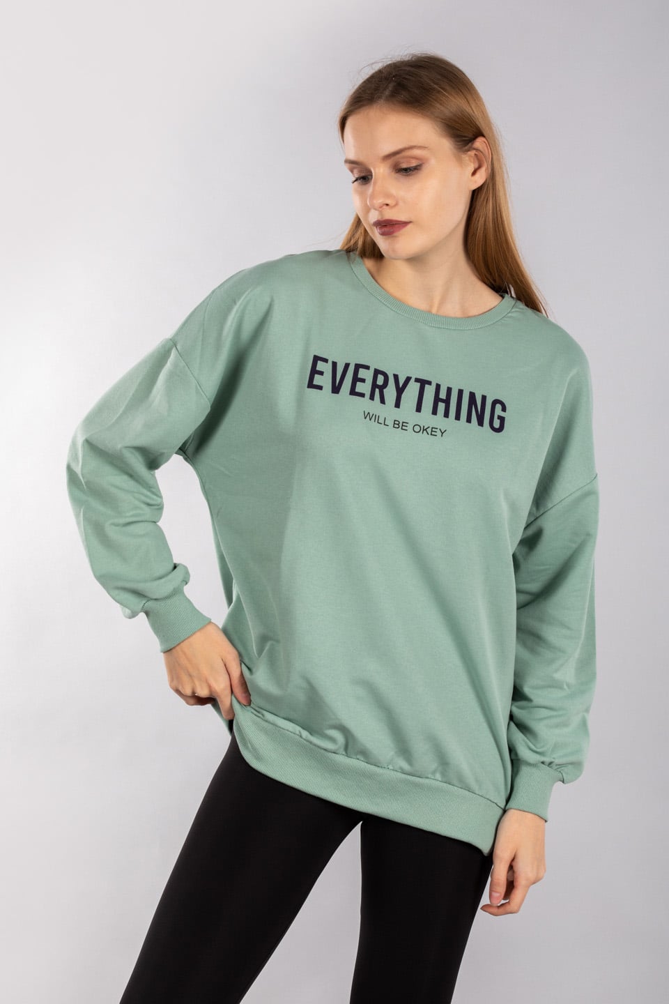 Everythıng baskılı sweatshırt-9686 Mint