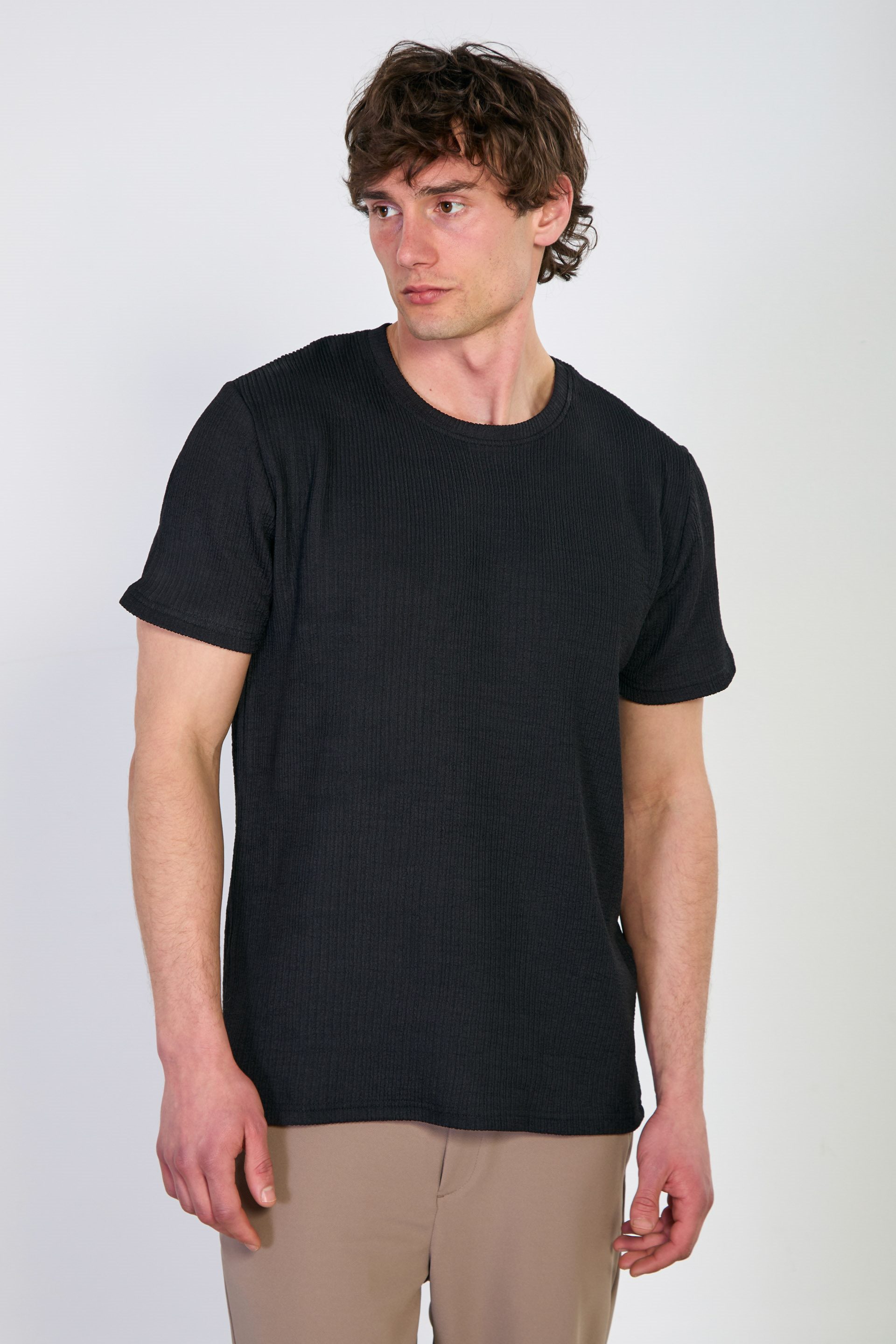 Erkek Bisiklet Yaka Melanj T-Shirt - Siyah