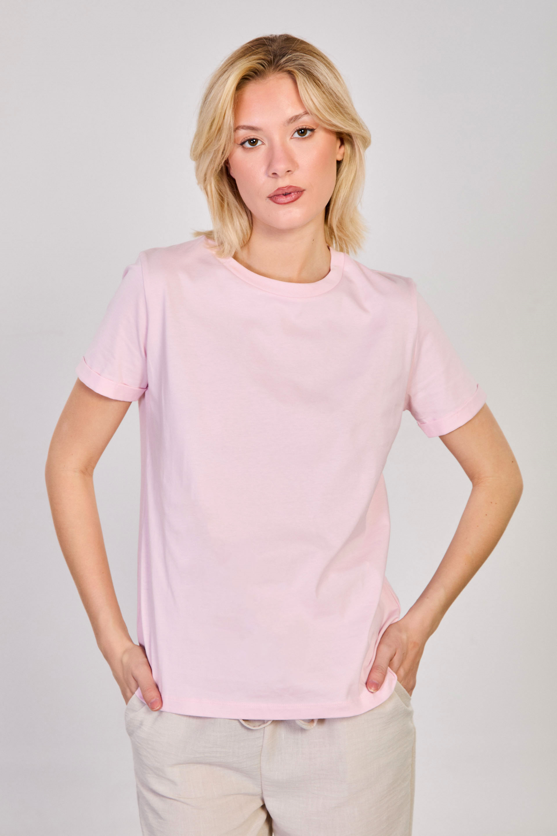 Kadın Bisiklet Yaka Double Kol Basic T-Shirt - Toz Pembe