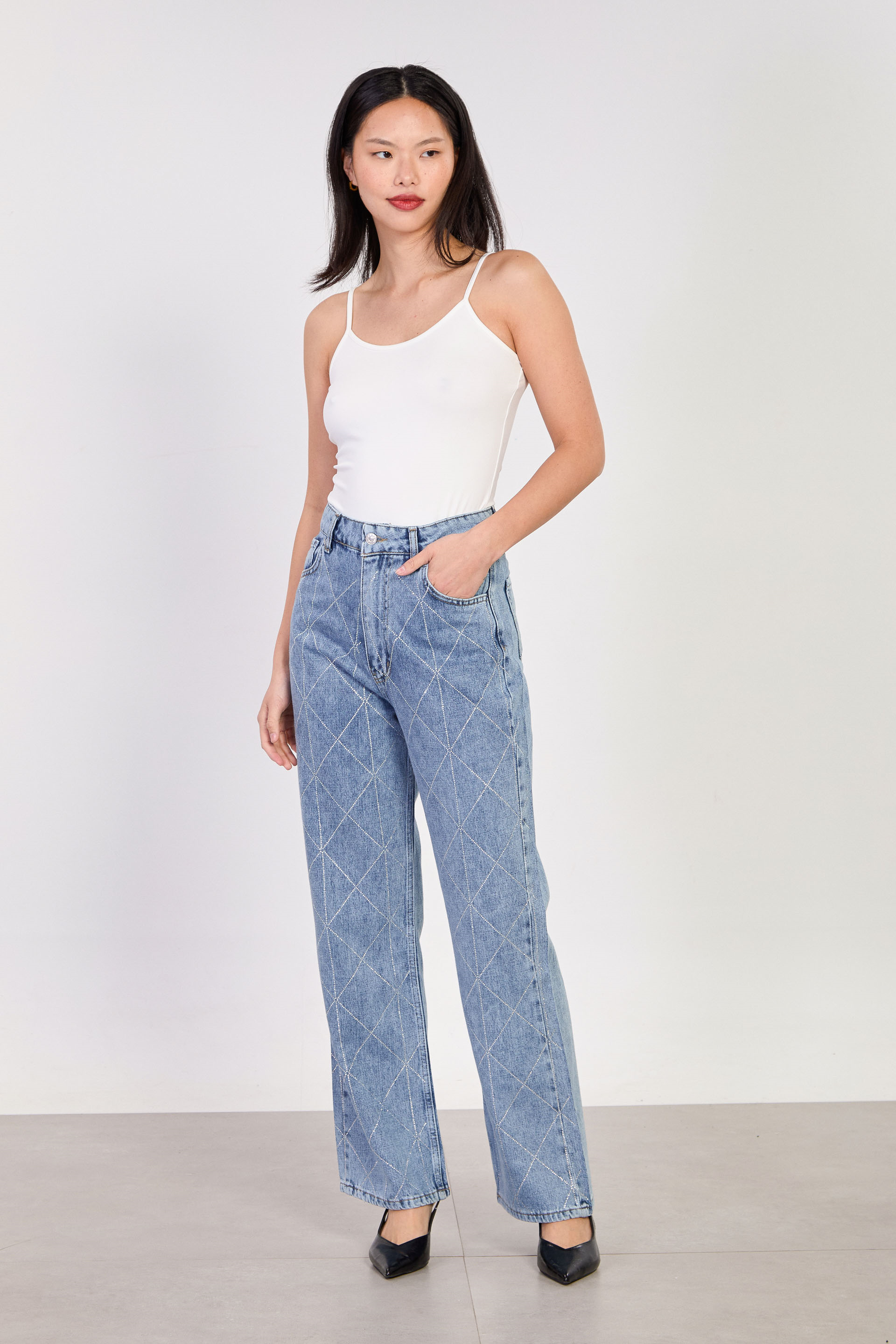 Kadın Çapraz Taş Baskılı Palazzo Jean Pantolon - Mavi Kar Y.