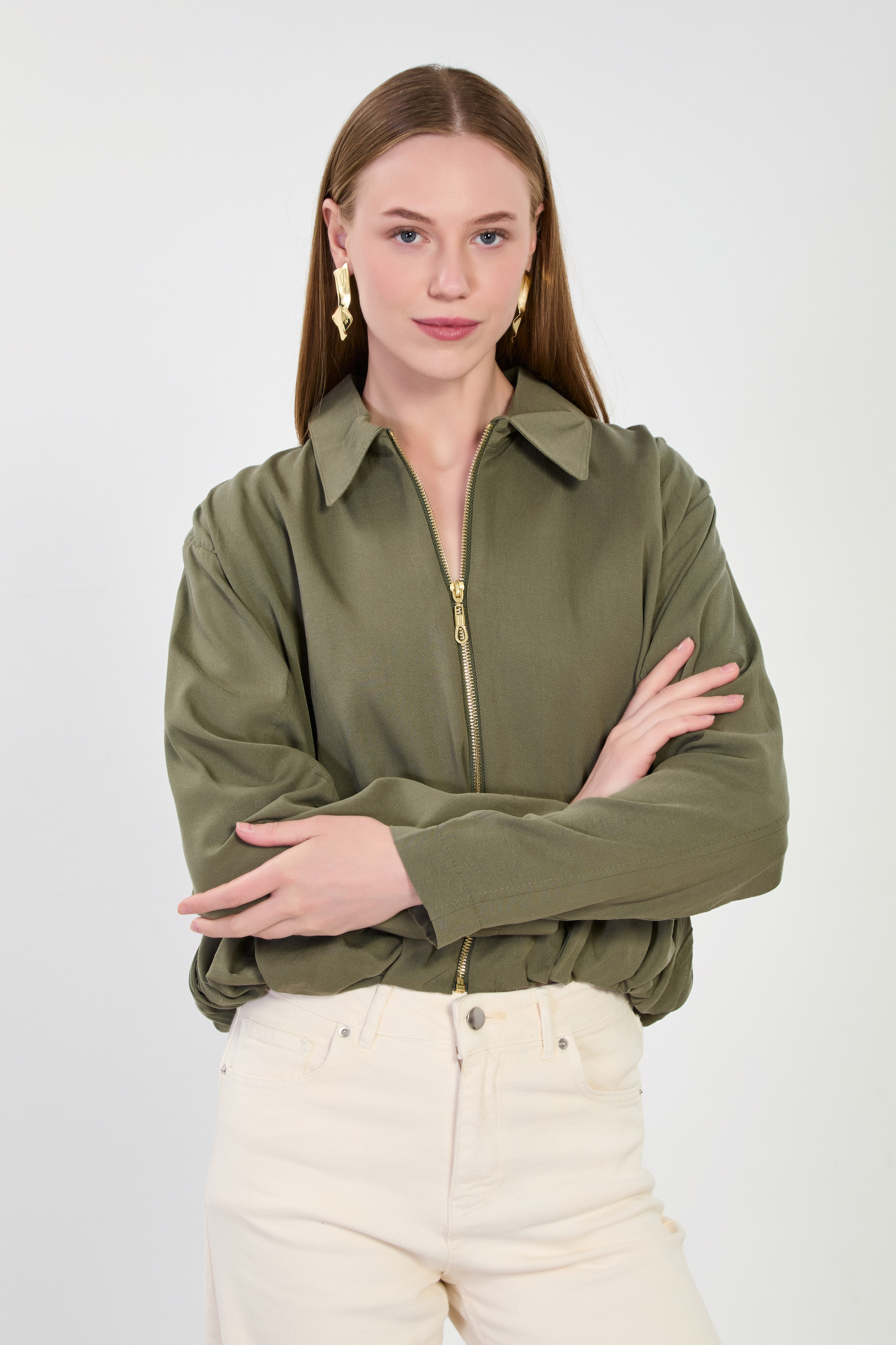 Kadın Pileli Polo Yaka Ceket - Olive
