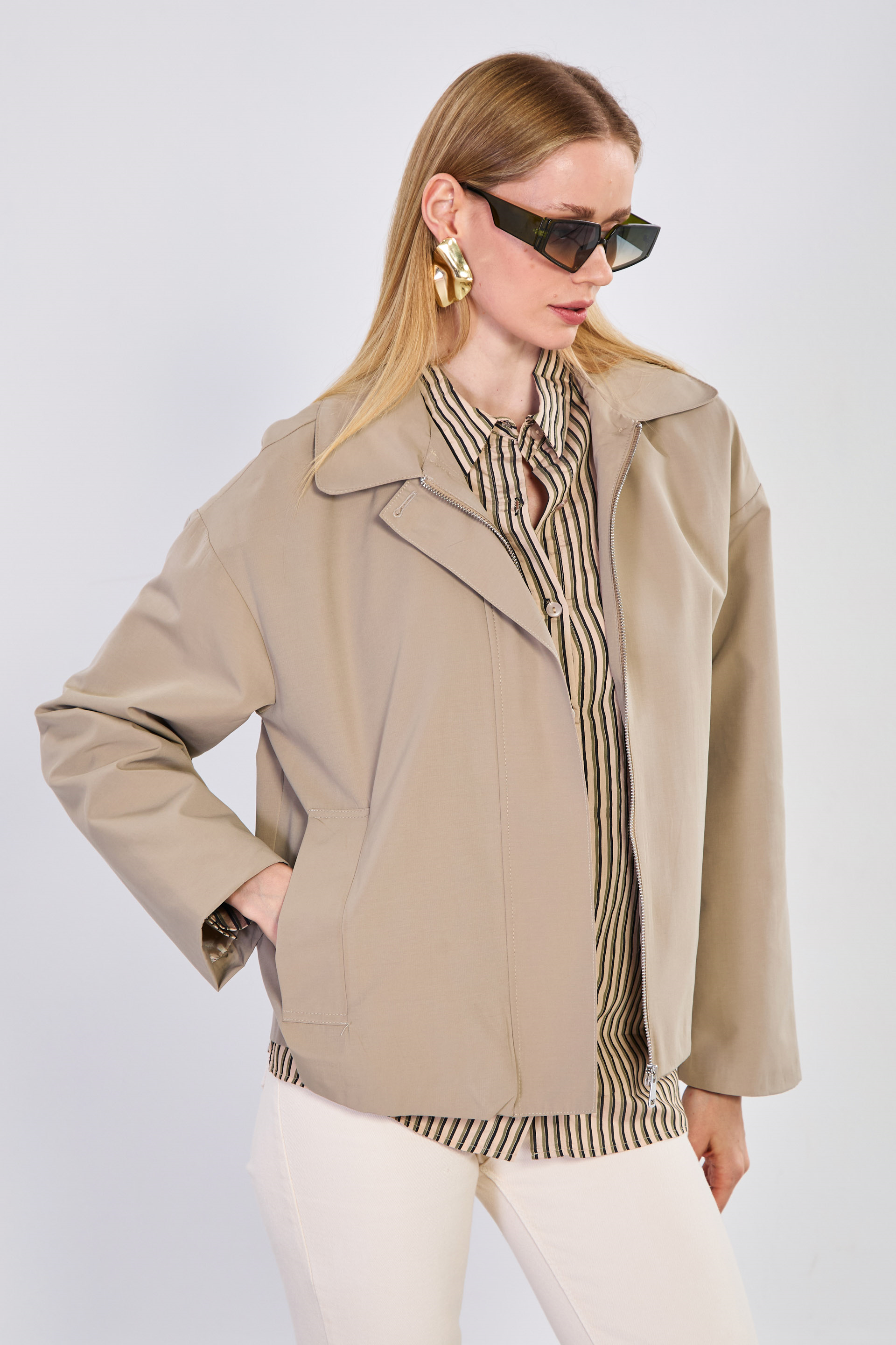 Kadın Polo Yaka Klasik Ceket - Haki