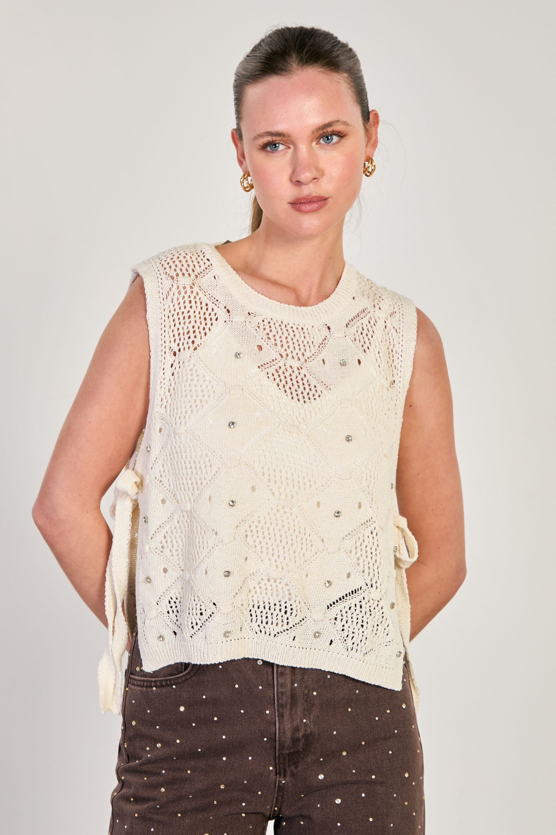 Kadın Önü Taşlı Yandan Bağlamalı Süveter - Natural