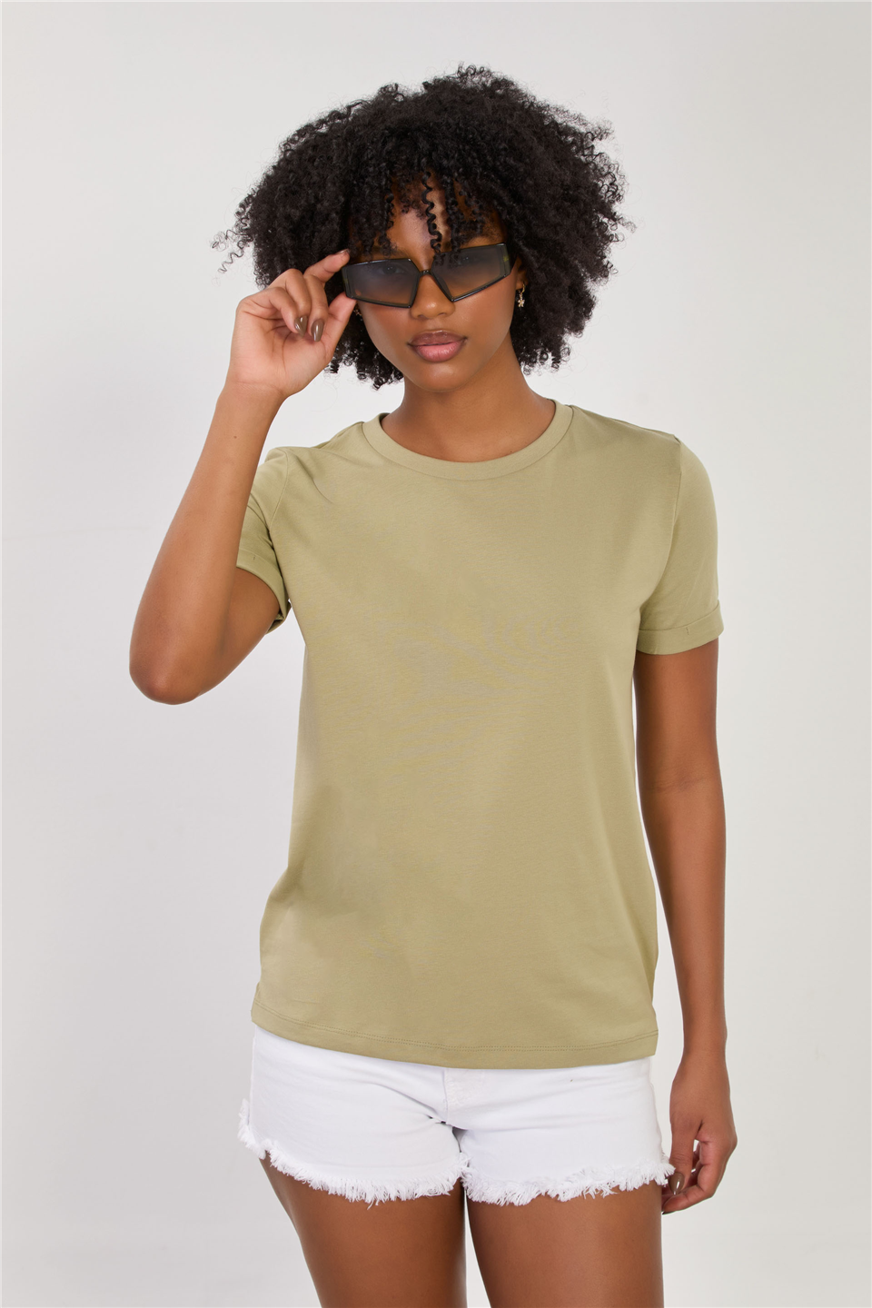 Kadın Bisiklet Yaka Double Kol Basic T-Shirt - Haki
