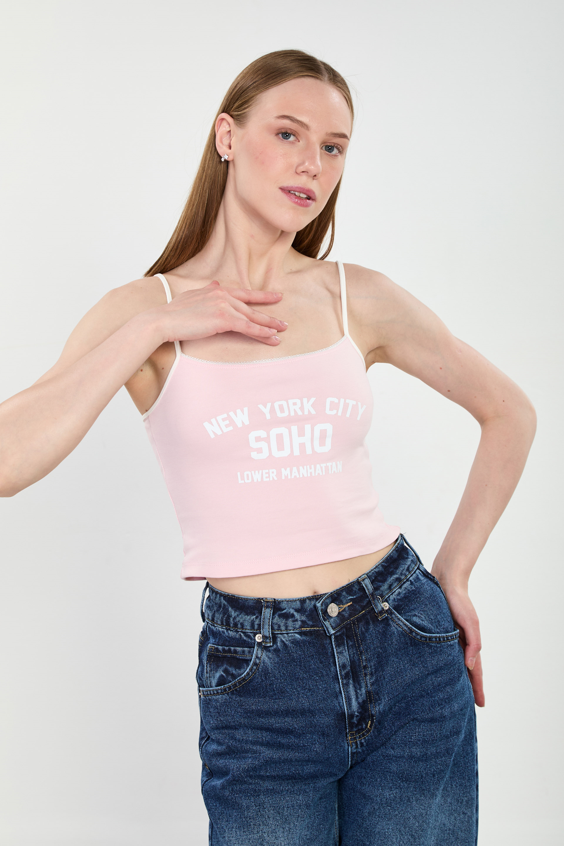 Kadın New York Yazılı İp Askılı Crop Top - Pembe