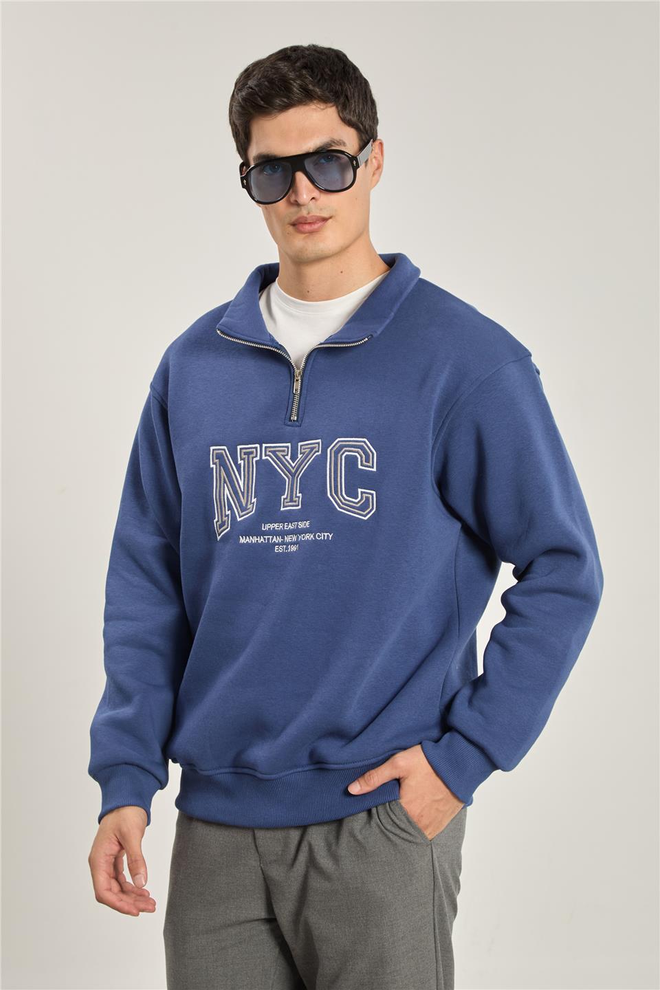 Erkek Yarım Fermuarlı NYC Sweatshirt - İndigo