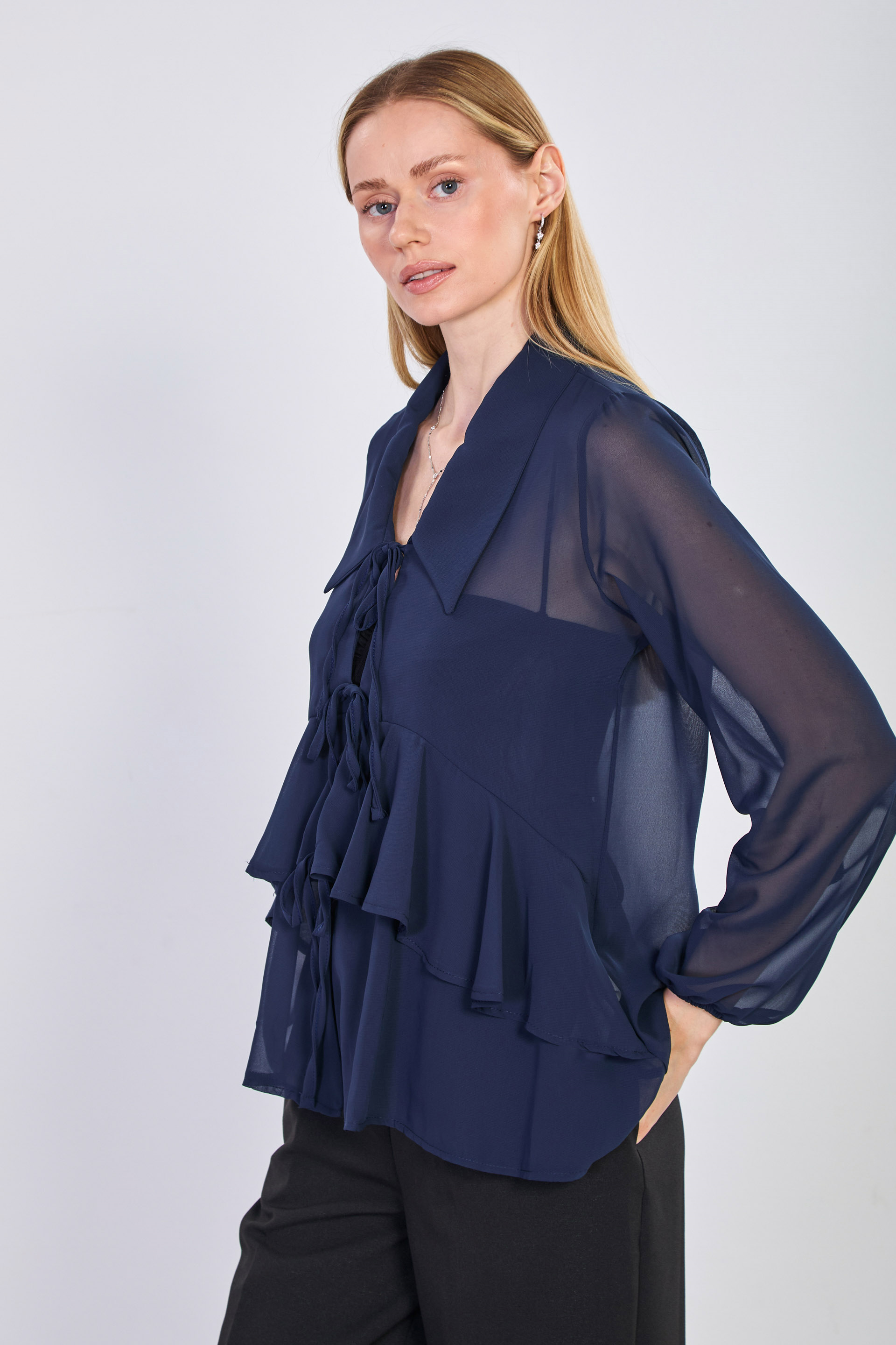 Kadın Önü Bağlamalı Fırfırlı Şifon Bluz - Koyu Lacivert