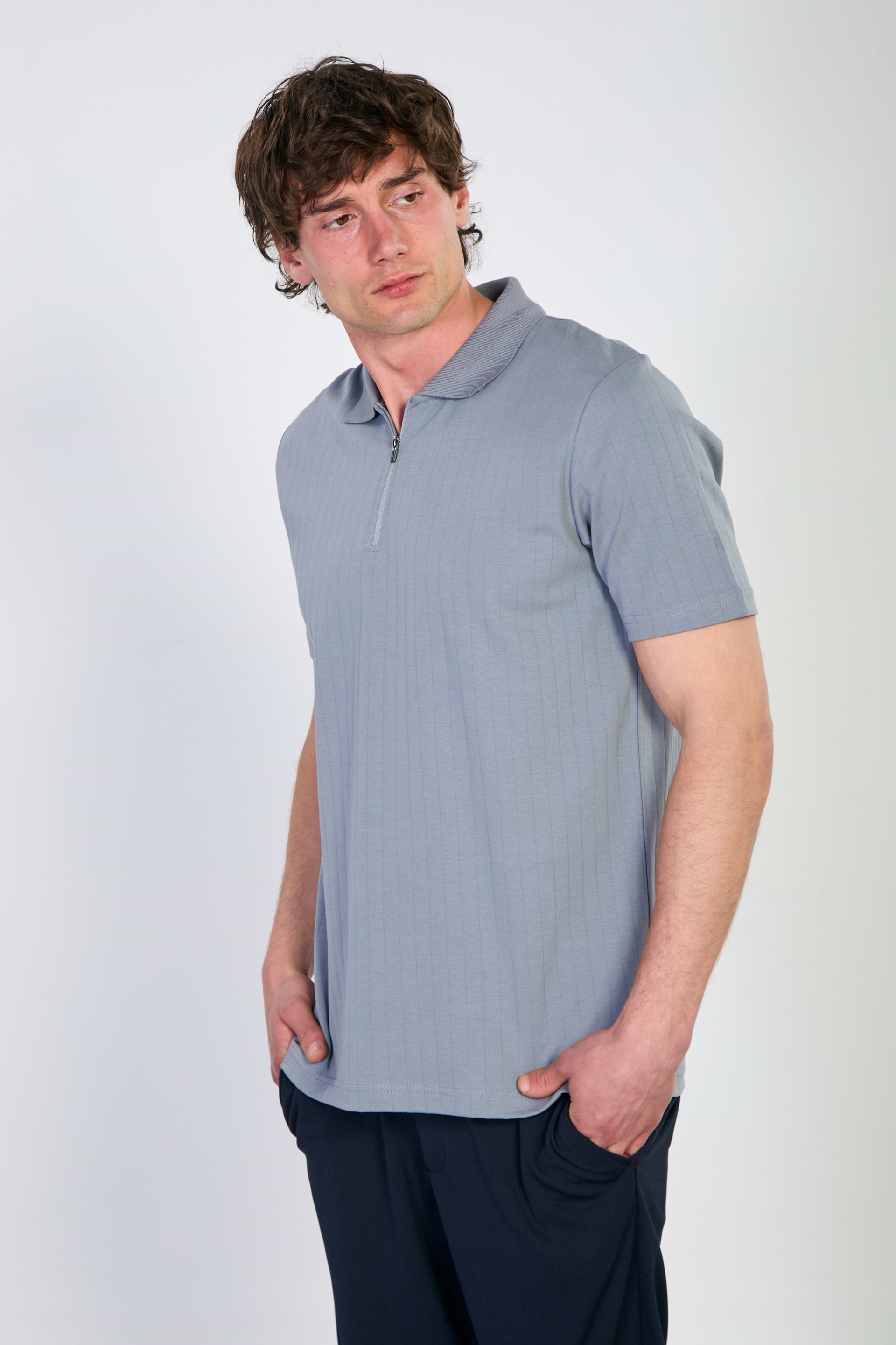 Erkek Kalın Çizgili Polo Yaka T-Shirt - Açık Gri