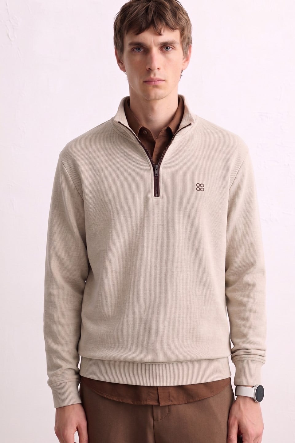 Erkek Yarım Fermuarlı Dik Yaka Selanik Sweatshirt - Bej