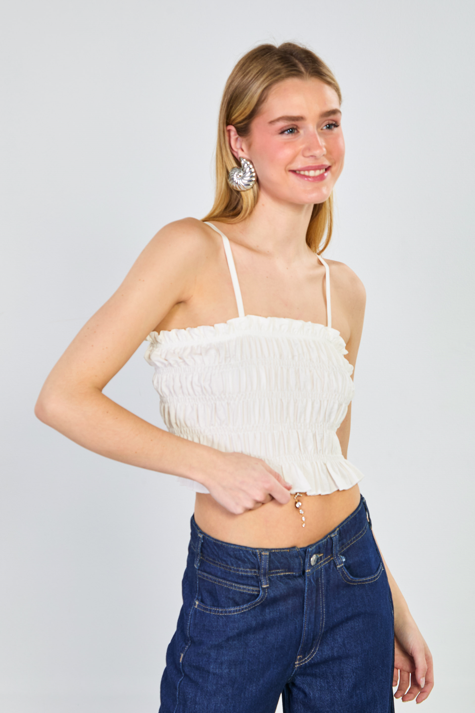 Kadın Gipeli Askılı Crop Bluz - Beyaz