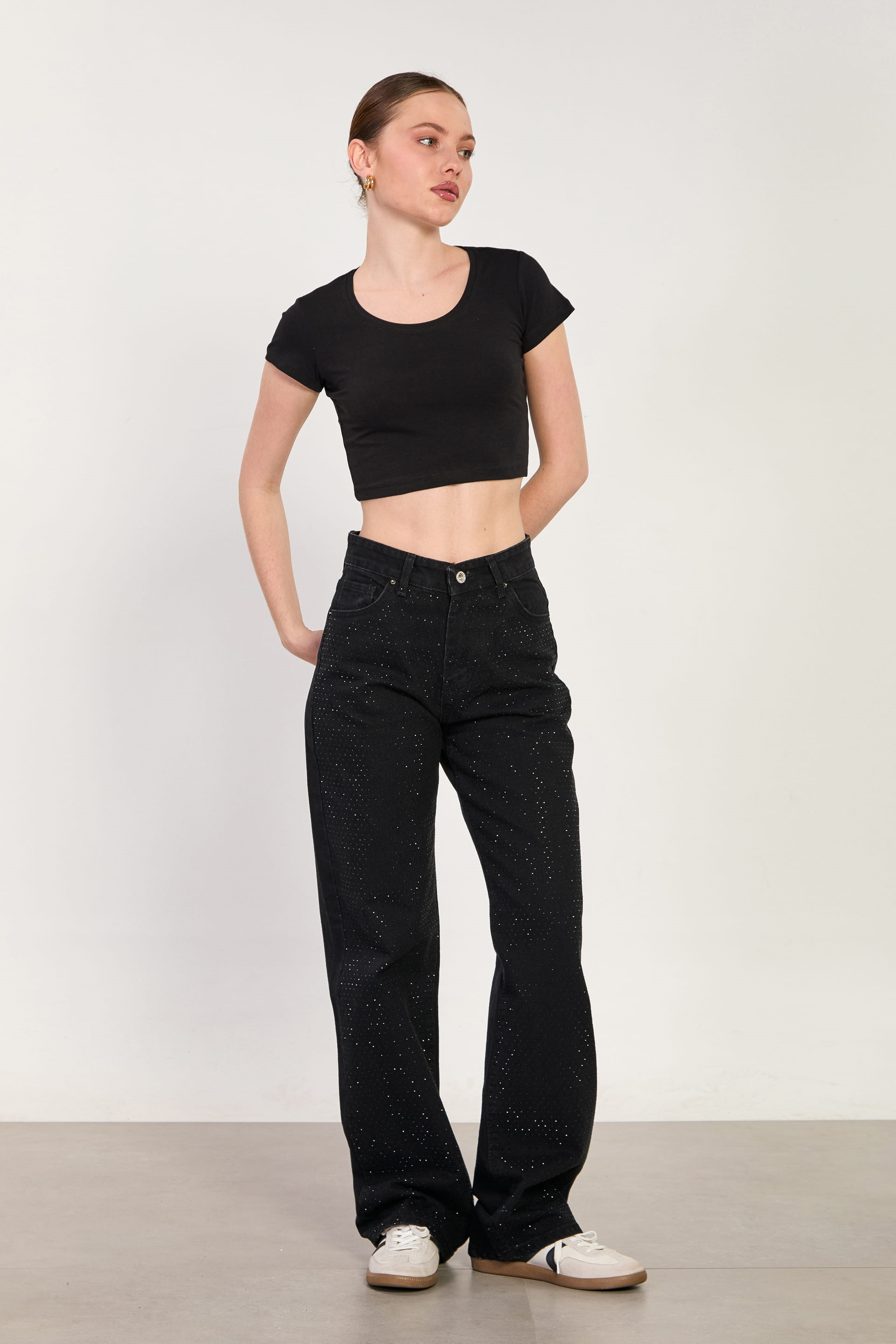 Kadın J63 Serpme Taş Baskılı Palazzo Jean Pantolon - Siyah