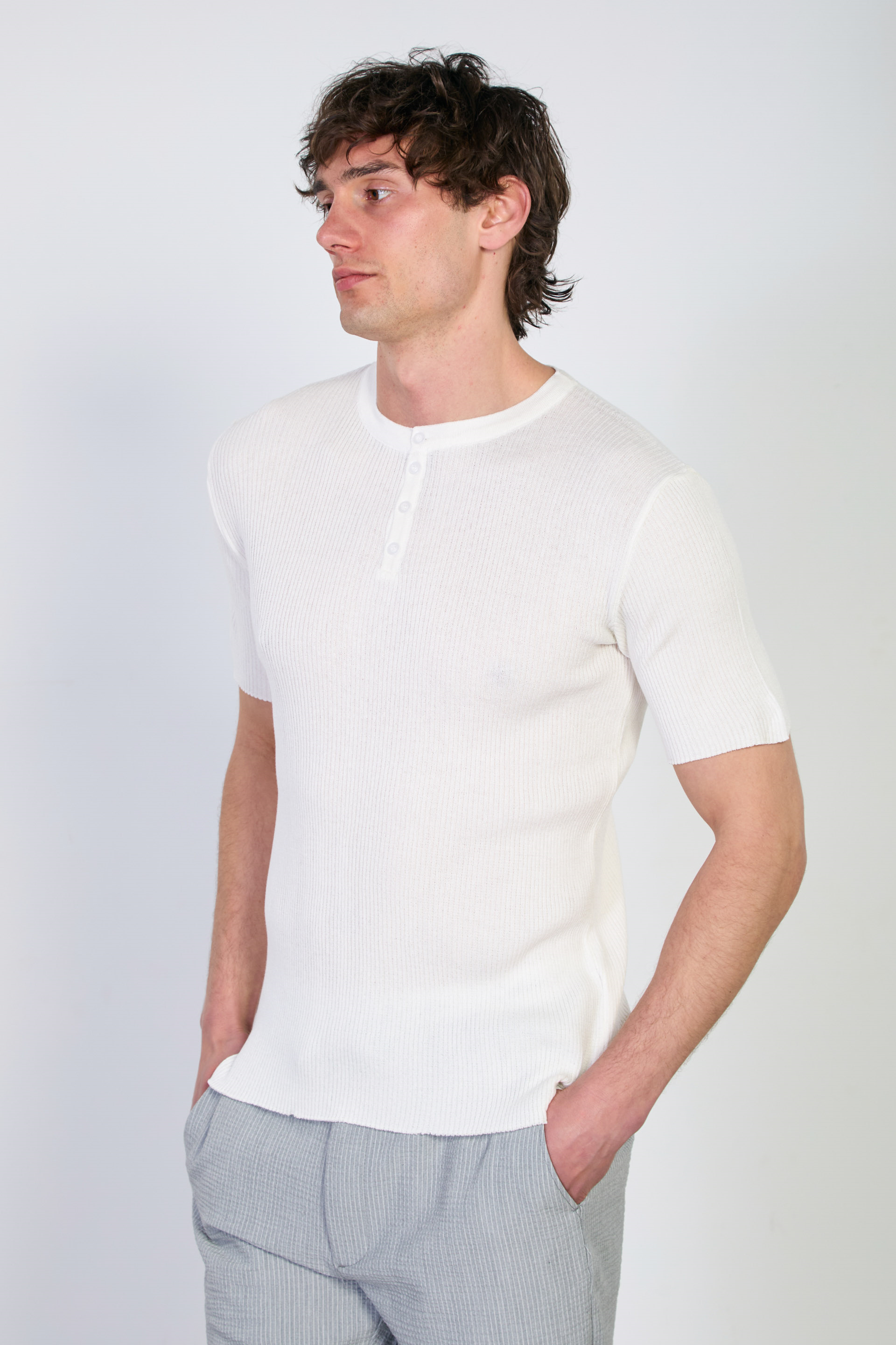 Erkek Düğmeli Kaşkorse Triko T-Shirt - Ekru