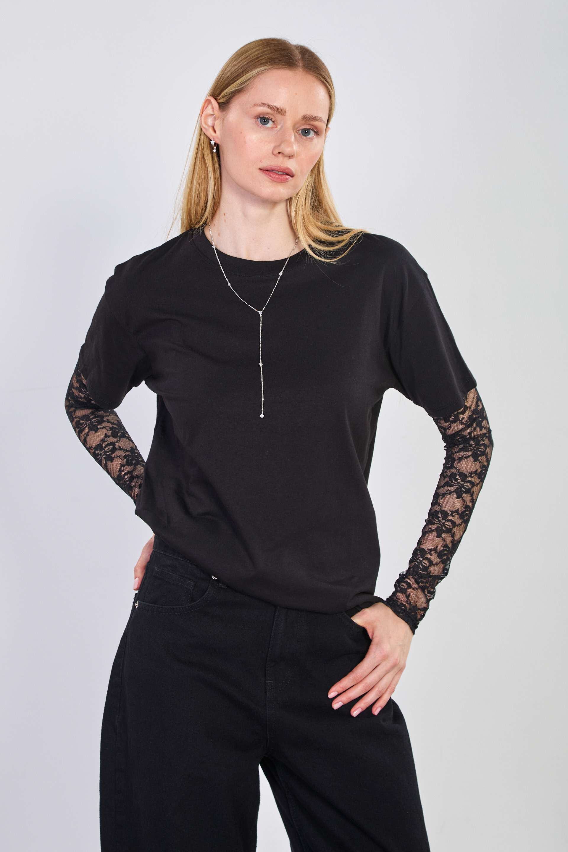 Kadın Tül Kollu Oversize T-Shirt - Siyah