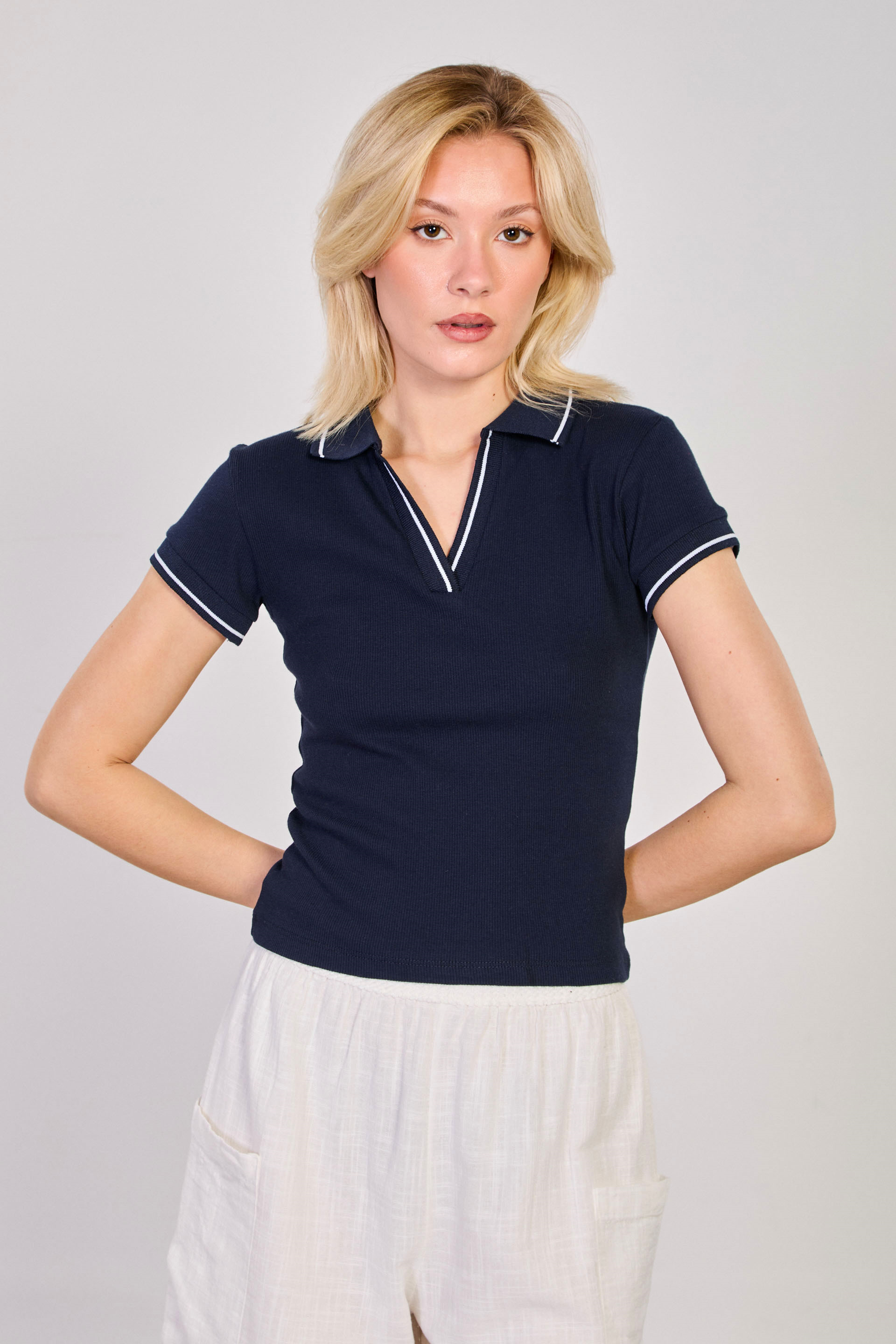 Polo Yaka Fitilli Body - Lacivert/Beyaz