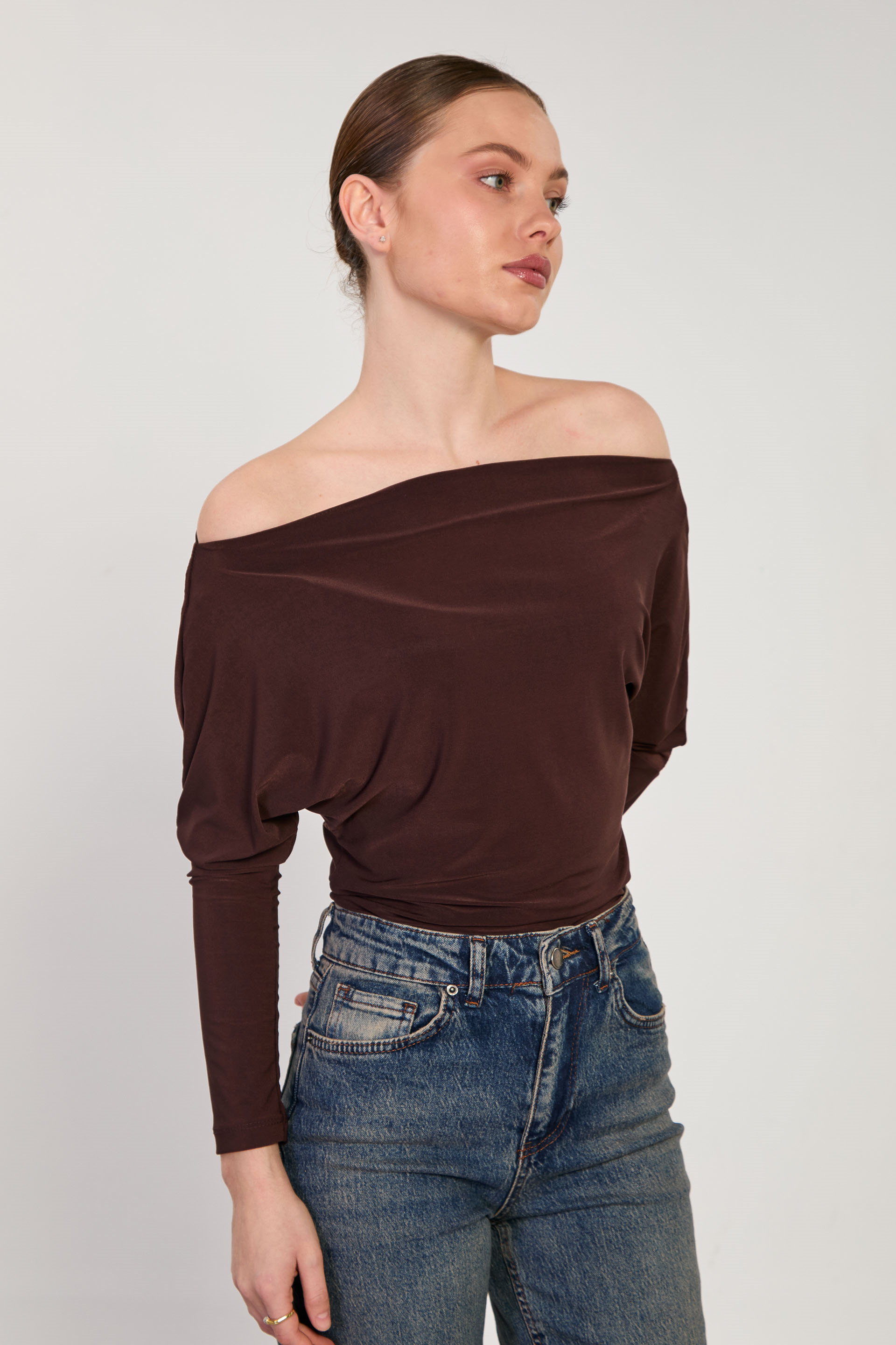 Kadın Düşük Omuz Bluz - Acı Kahve