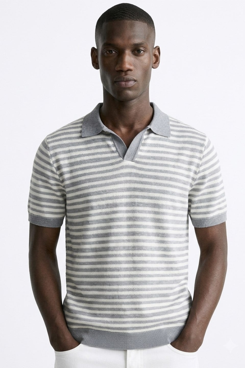 Erkek Çizgili Kısa Kollu Polo Yaka T-Shirt - Gri Melanj