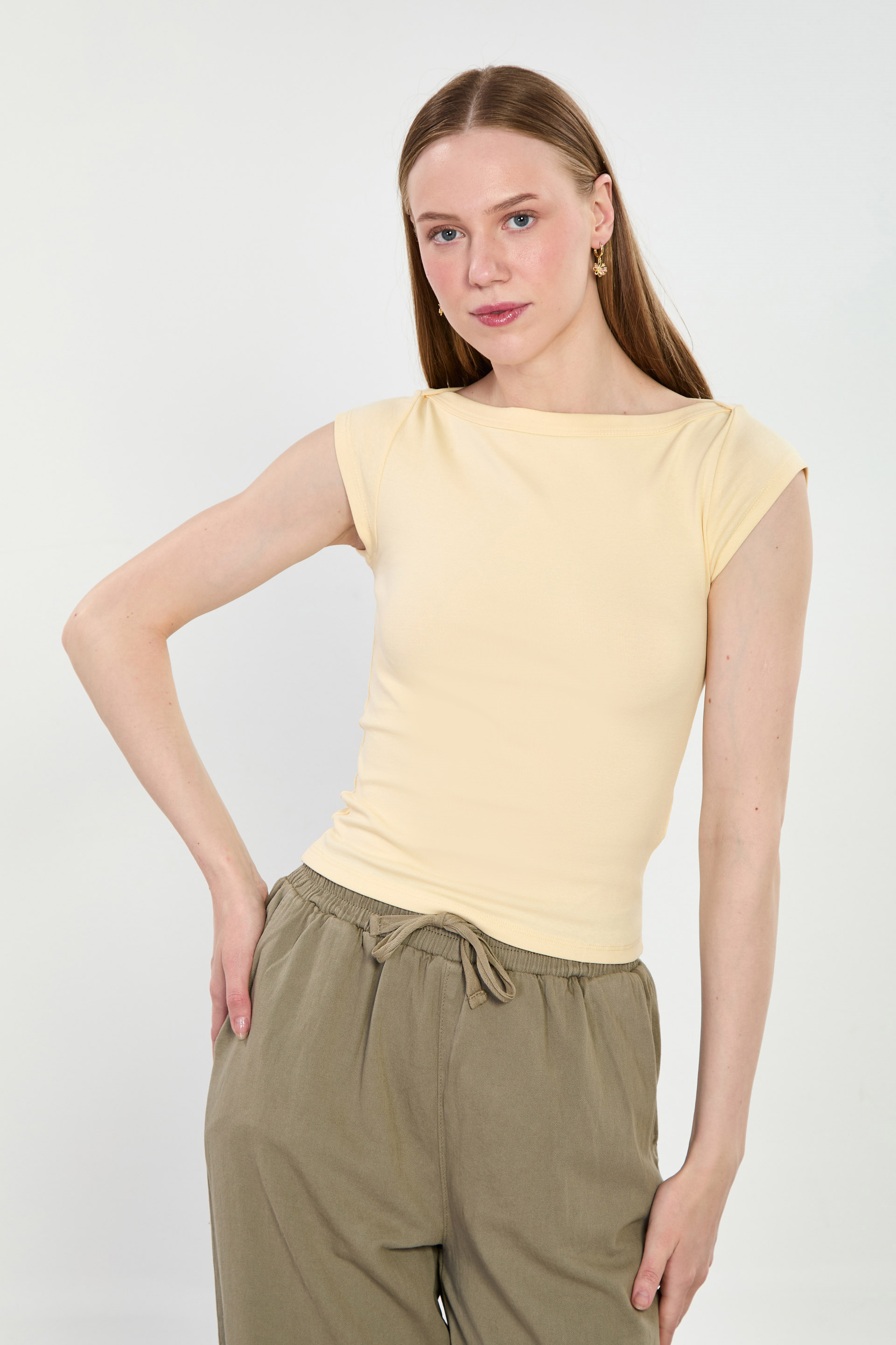 Kadın Kısa Kol Kayık Yaka Body - Sarı