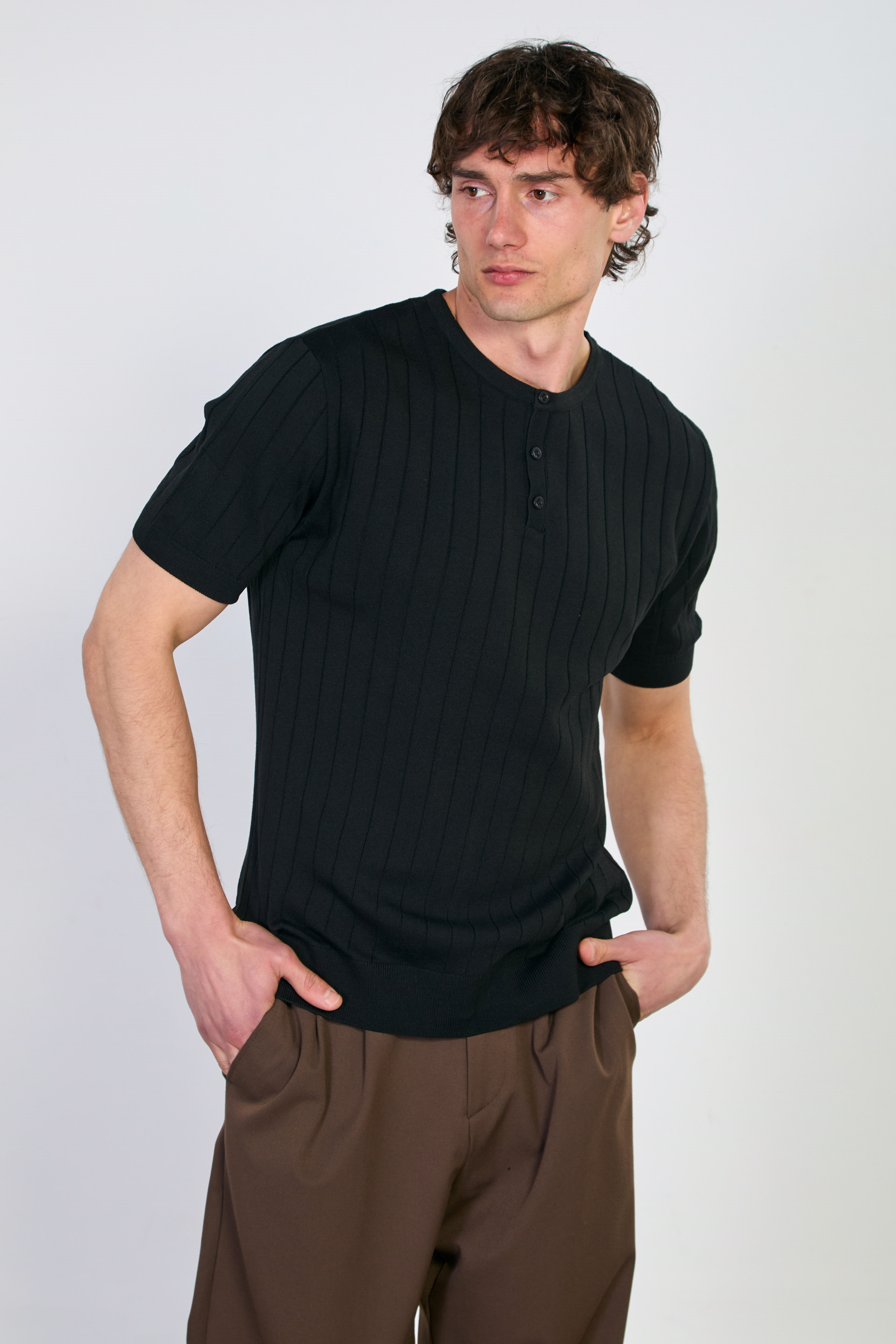 Erkek Bisiklet Yaka Düğmeli Triko T-Shirt - Siyah