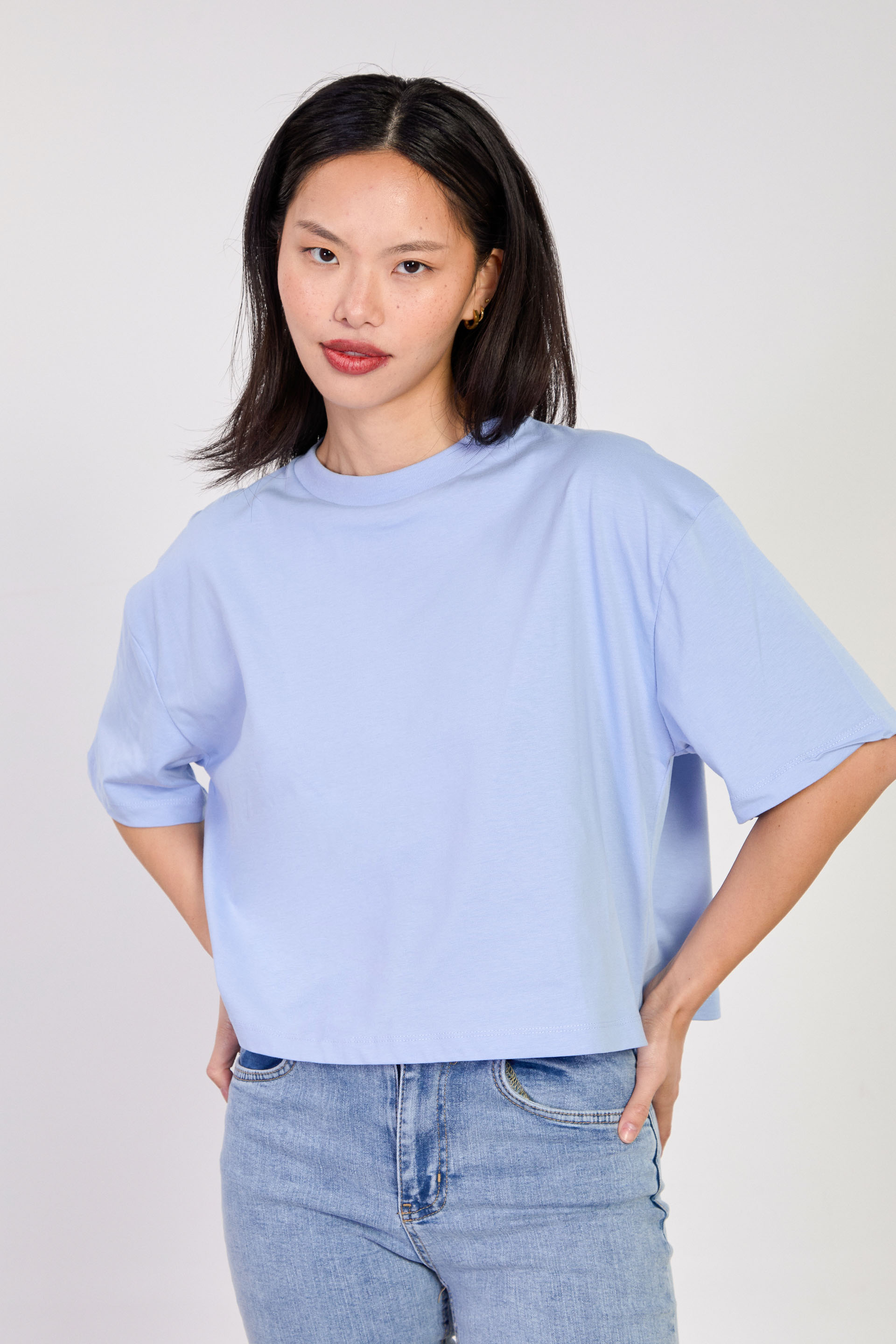 Kadın Bisiklet Yaka Kısa Oversize T-Shirt - Bebe Mavi