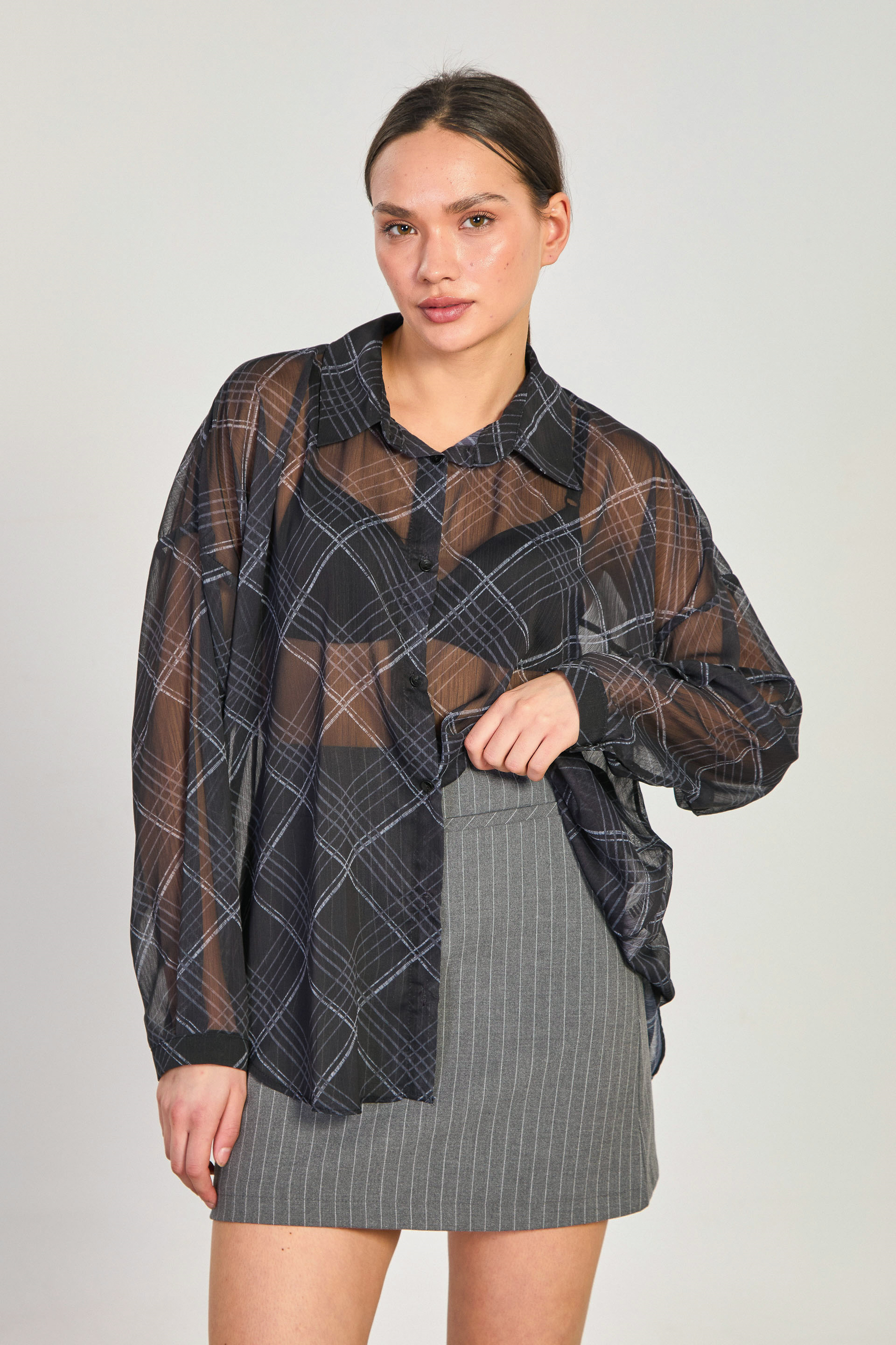 Kadın Ekose Desen Şifon Gömlek - Siyah