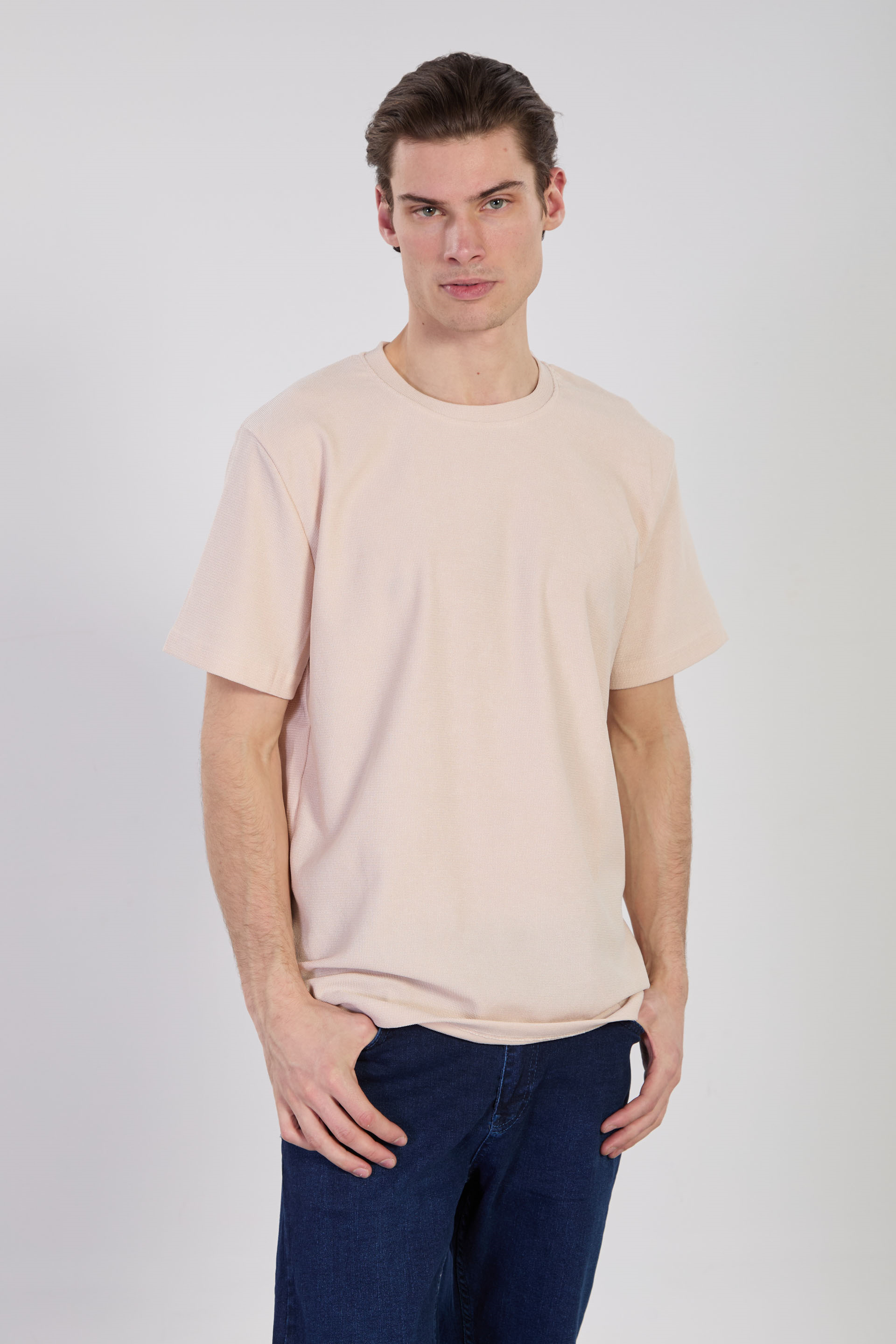 Erkek Bisiklet Yaka Dokulu T-Shirt - Taş