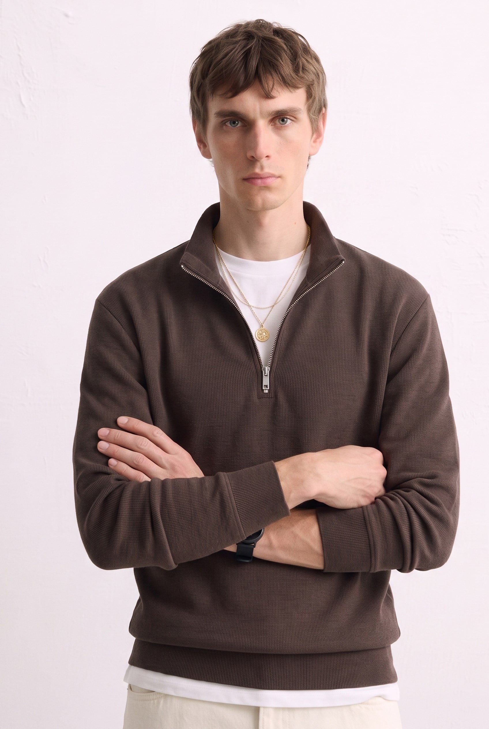 Erkek Yarım Fermuarlı Dik Yaka Sweatshirt - Kahve