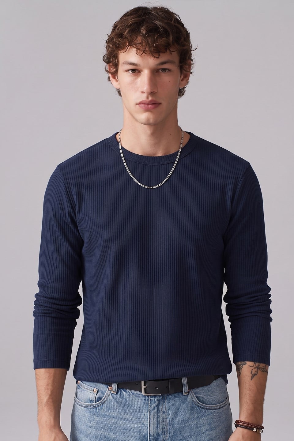 Erkek Bisiklet Yaka İnterlok Sweatshirt - İndigo
