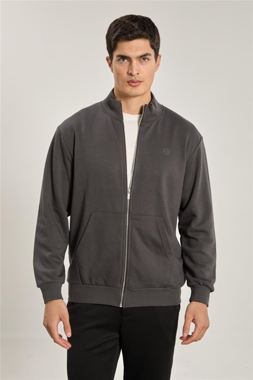Erkek Dik Yaka Fermuarlı Sweatshirt - Antrasit