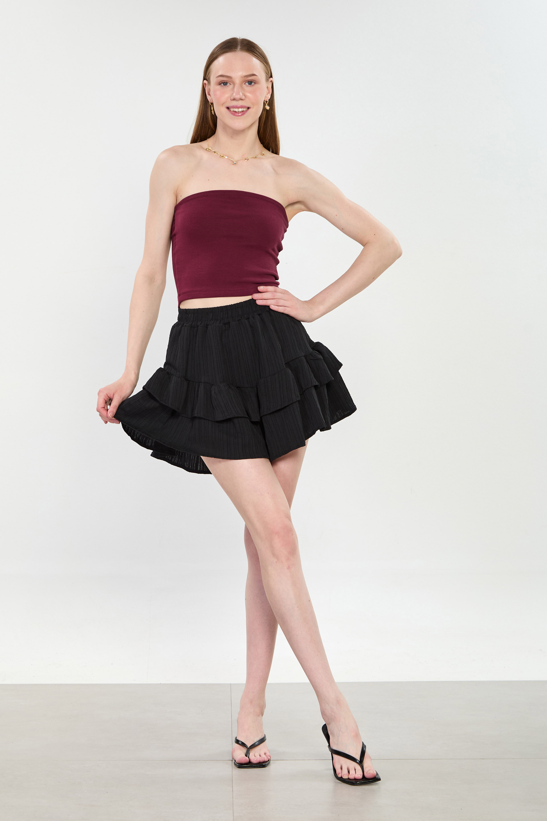 Kadın Fırfırlı Şort Etek - Siyah