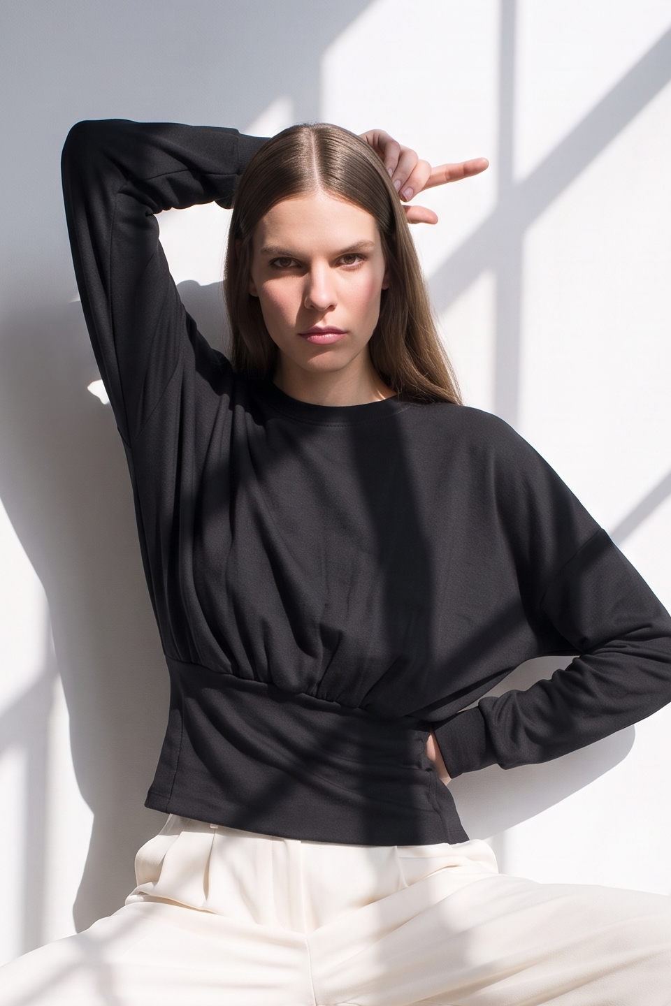 Kadın Bel Detaylı Uzun Kol Sweatshirt - Siyah