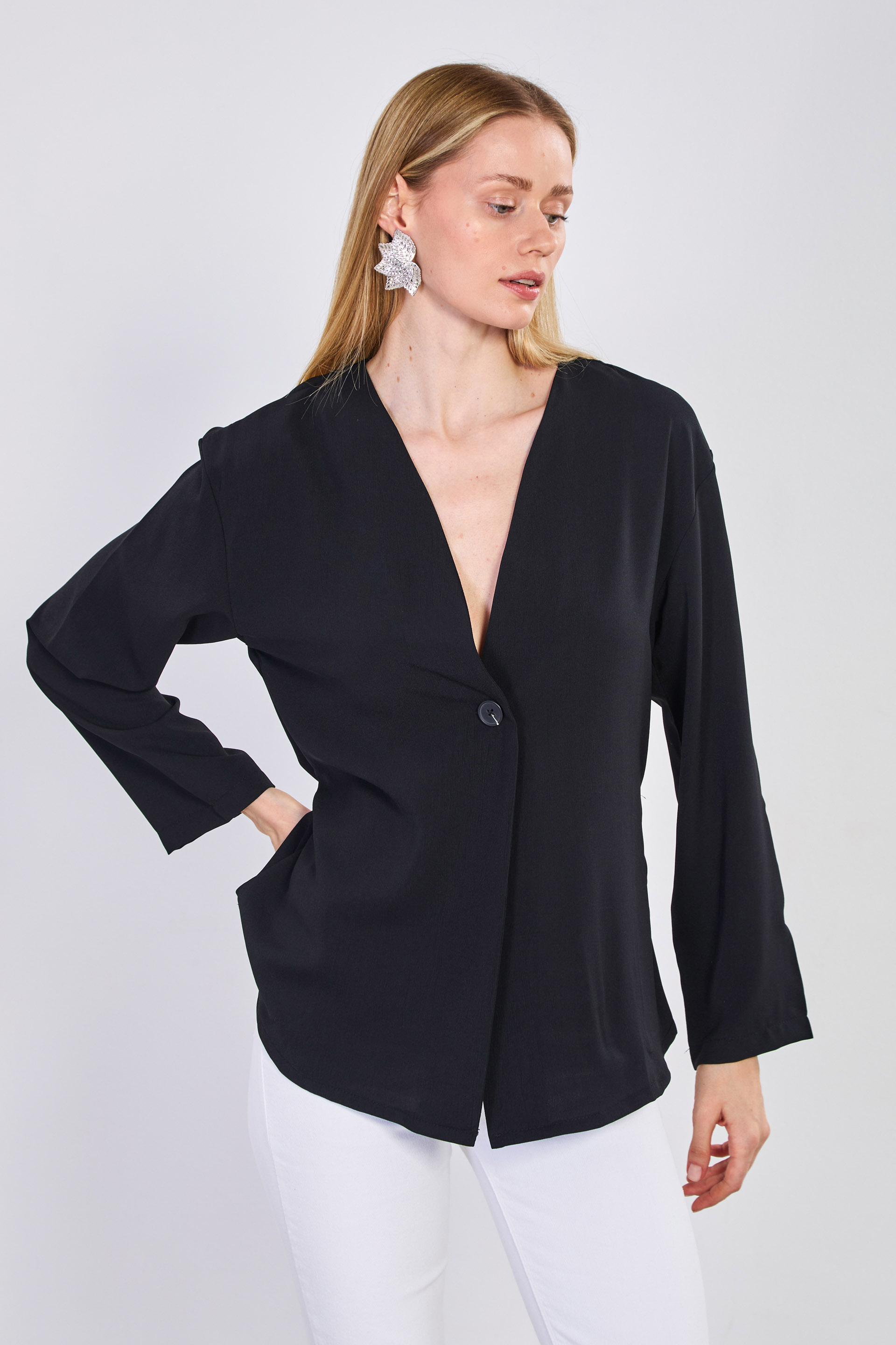 Kadın Beli Bağlamalı Tek Düğmeli Kimono - Siyah