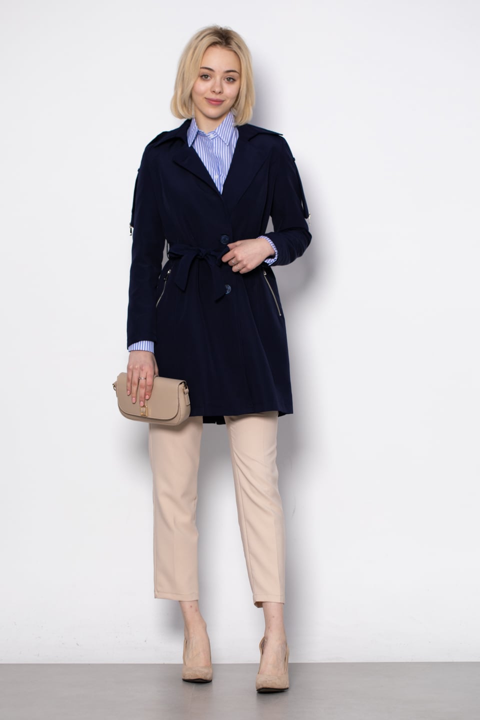 Fermuar detaylı midi trench-1648 Lacivert