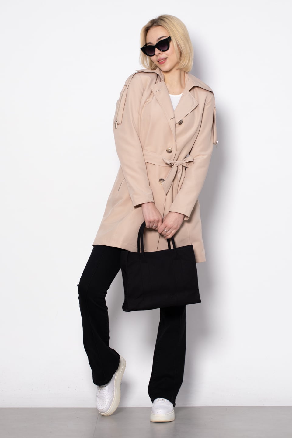 Fermuar detaylı midi trench-1648 Taş
