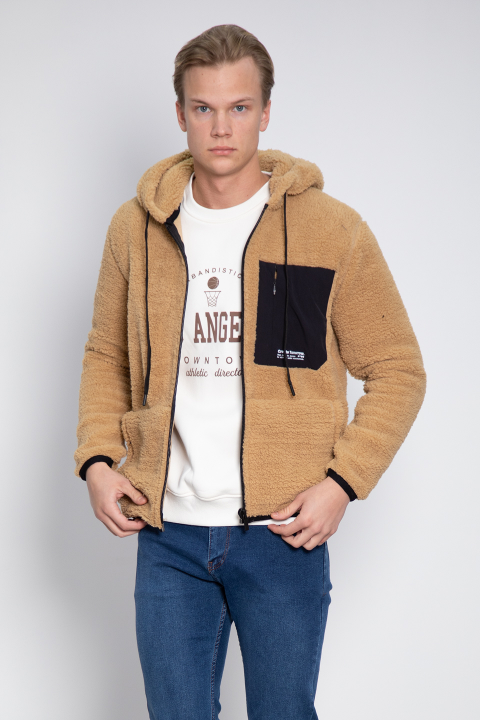 Fermuarlı kapüşonlu peluş mont-9067 Bej