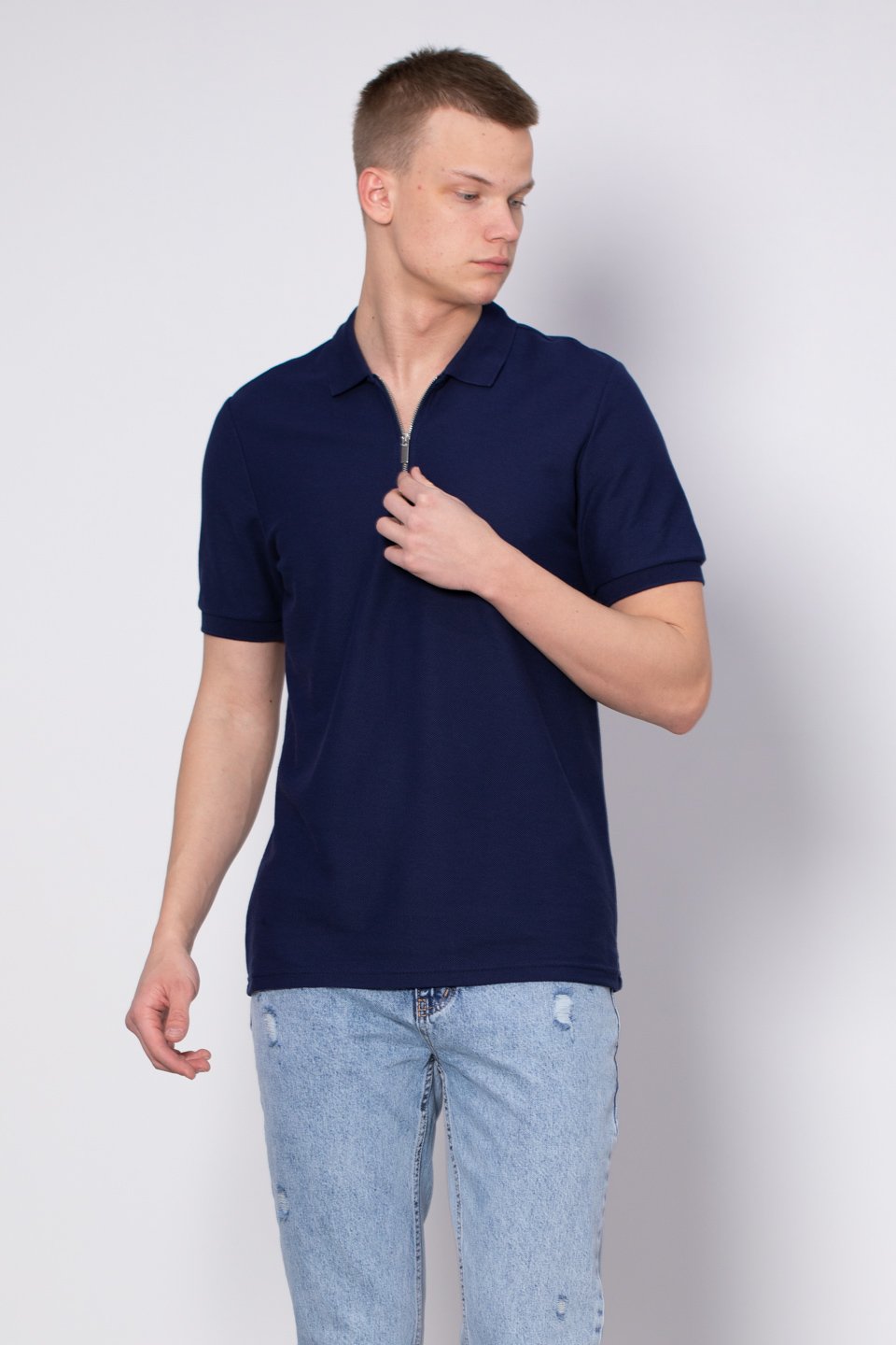 Fermuarlı Polo Yaka T-Shirt - İndigo