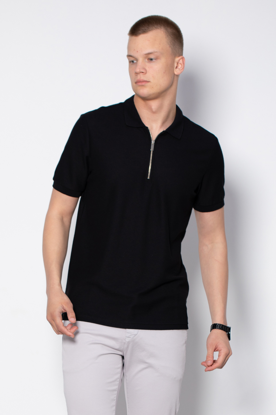 Fermuarlı Polo Yaka T-Shirt - Siyah