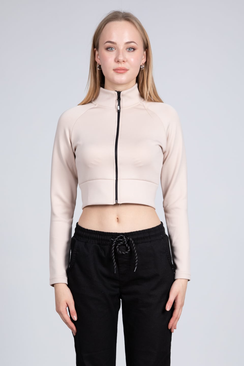 Fermuarlı scuba crop hırka-2038 Taş
