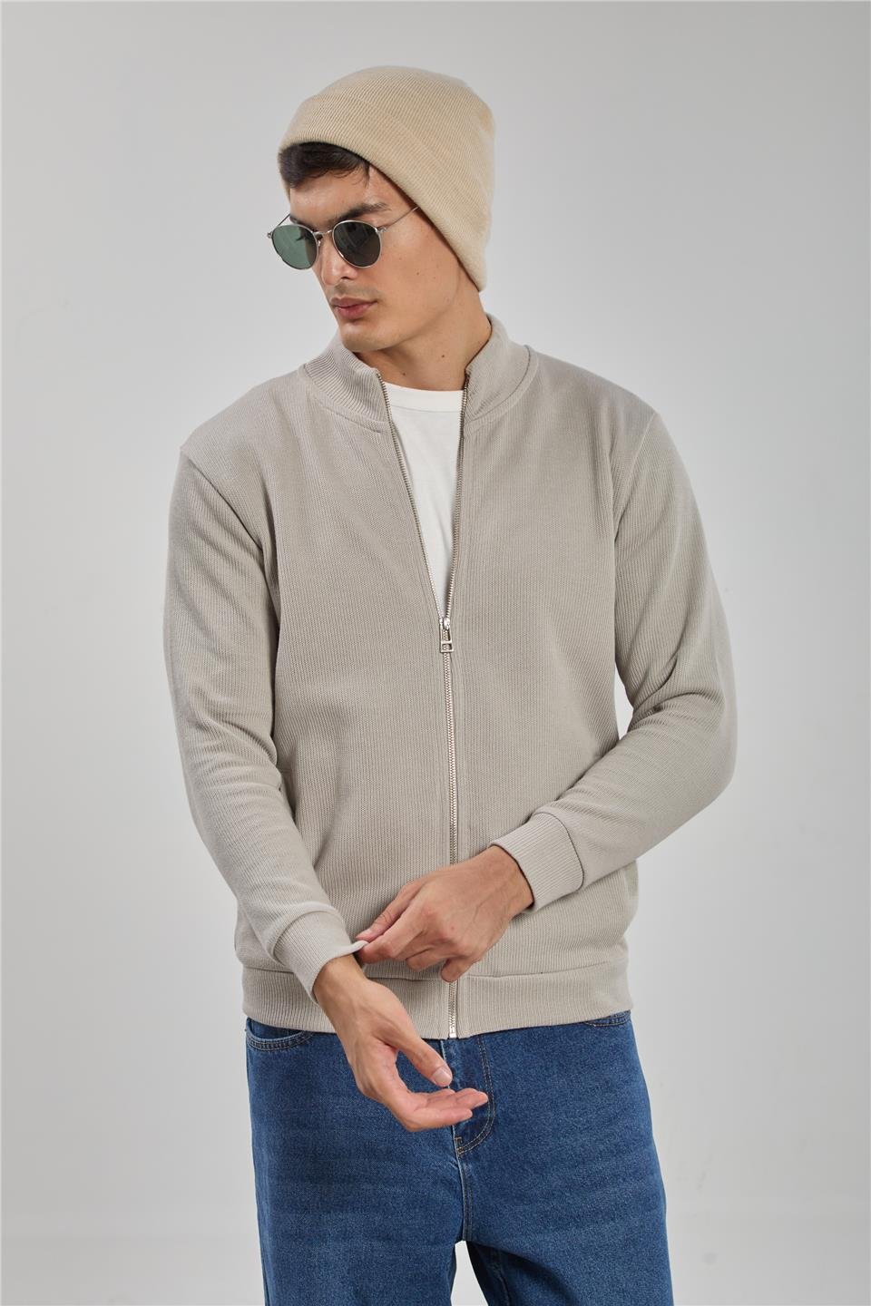 Fermuarlı selanik sweatshirt-1075 Kum Gri