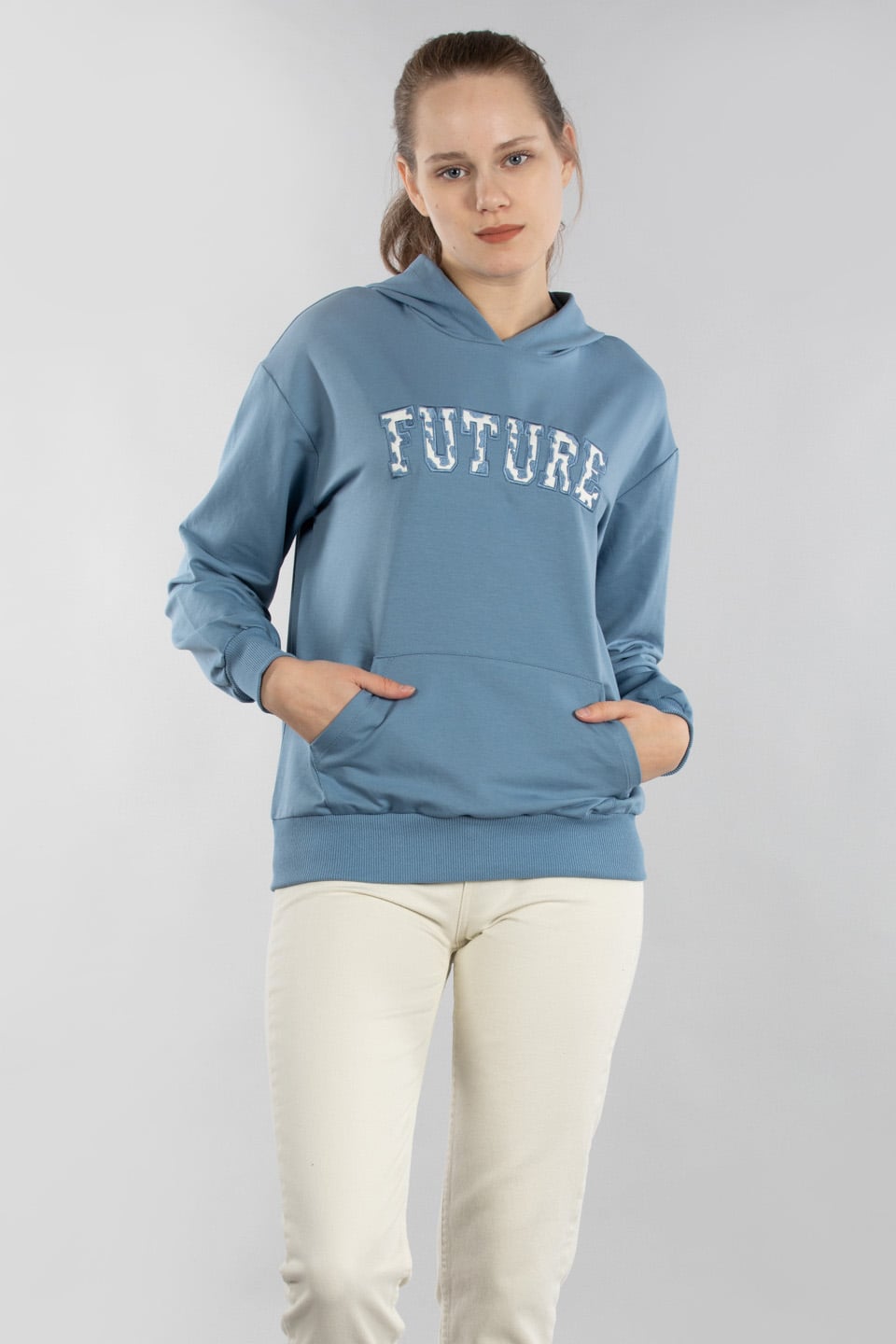 Future nakışlı kapüşonlu sweat-5011 Mavi