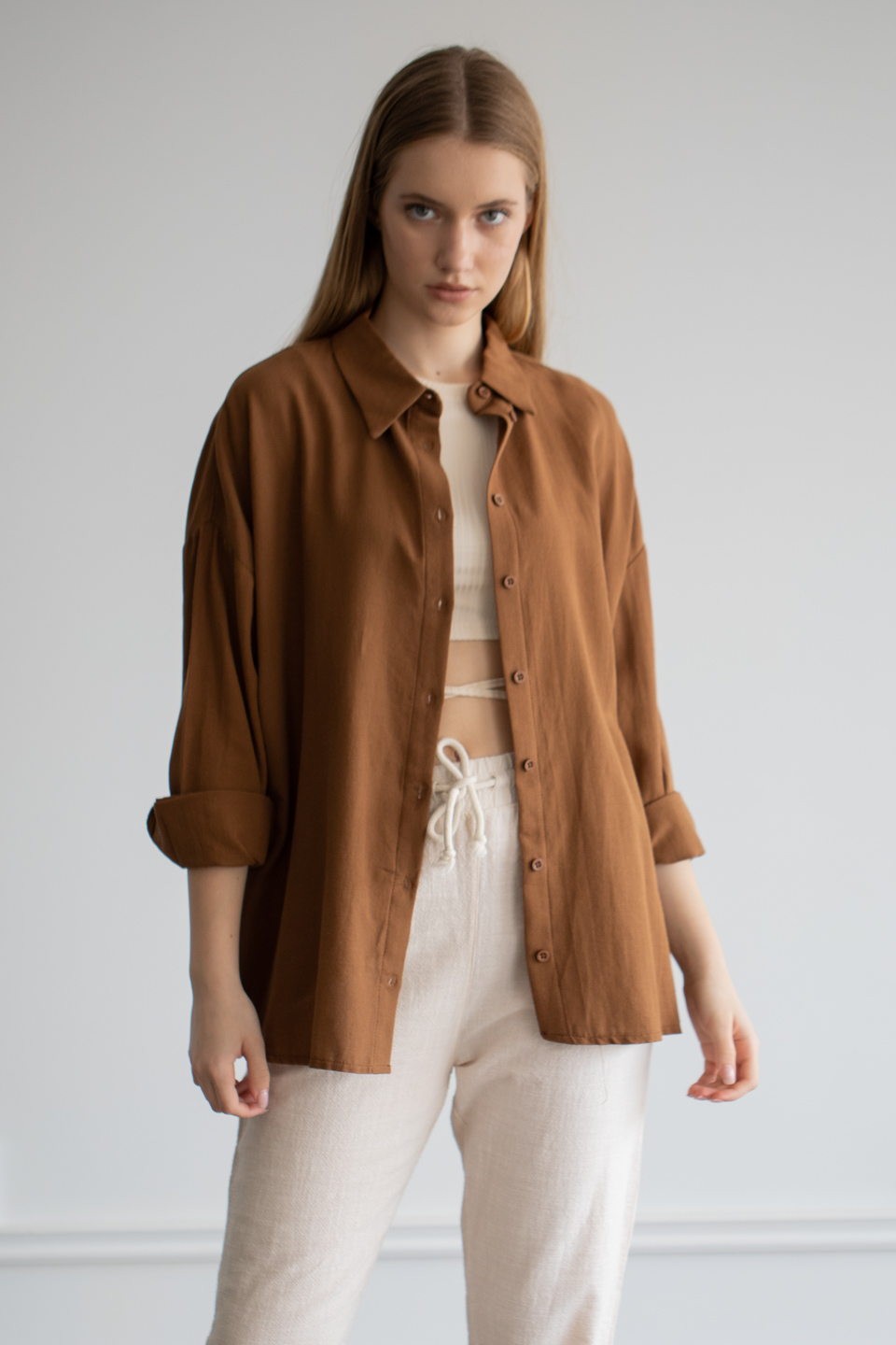 Gabardin oversize gömlek-6485 Kahve