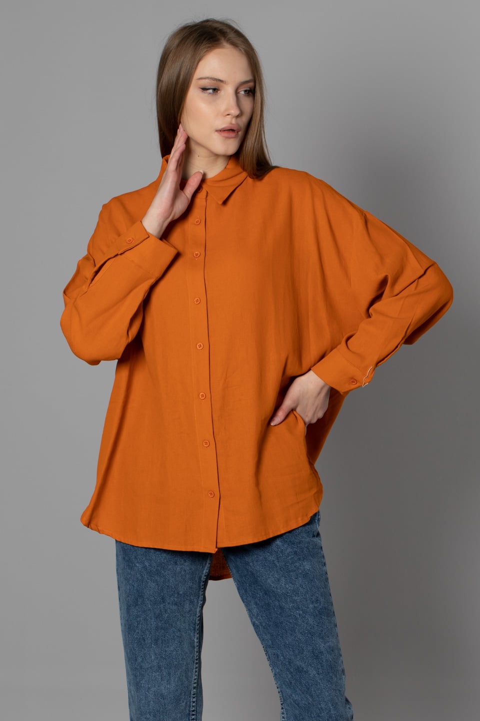 Gabardin oversize gömlek-6485 Oranj
