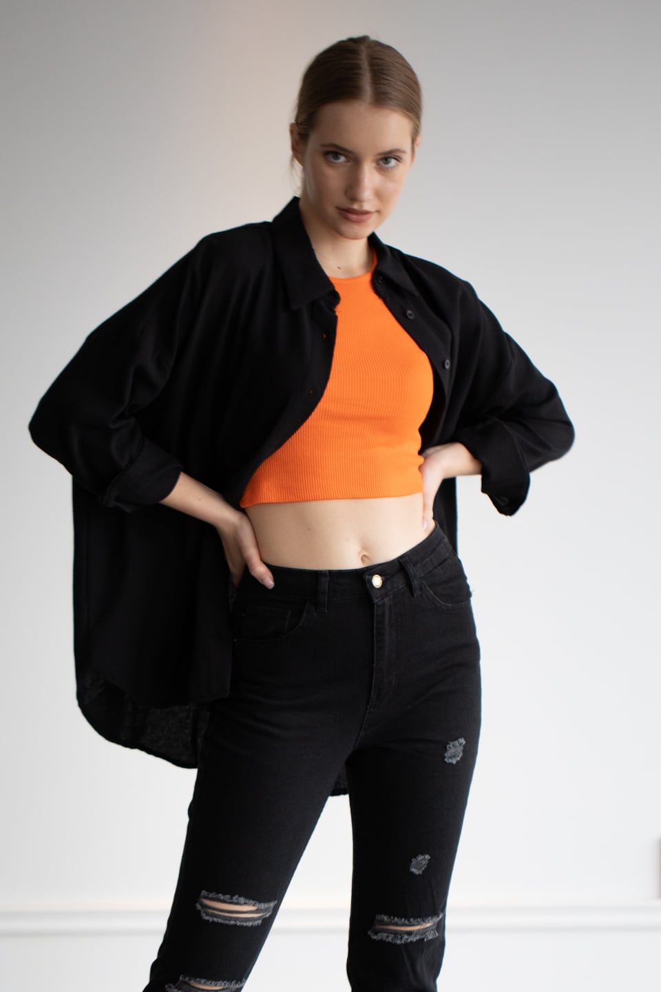 Gabardin oversize gömlek-6485 Siyah