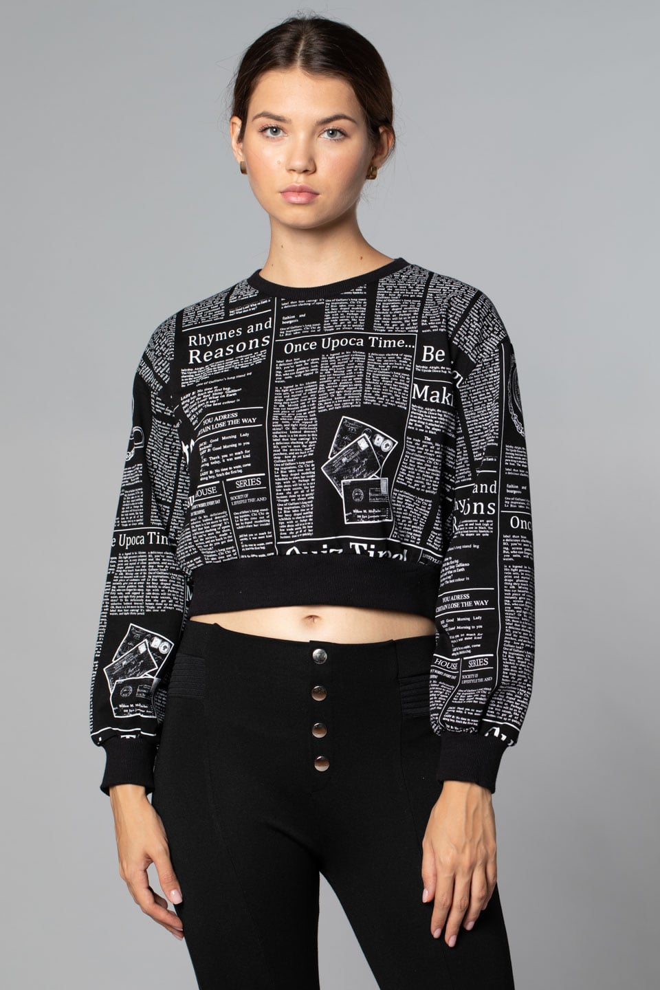 Gazete Baskılı Sweatshirt-Siyah
