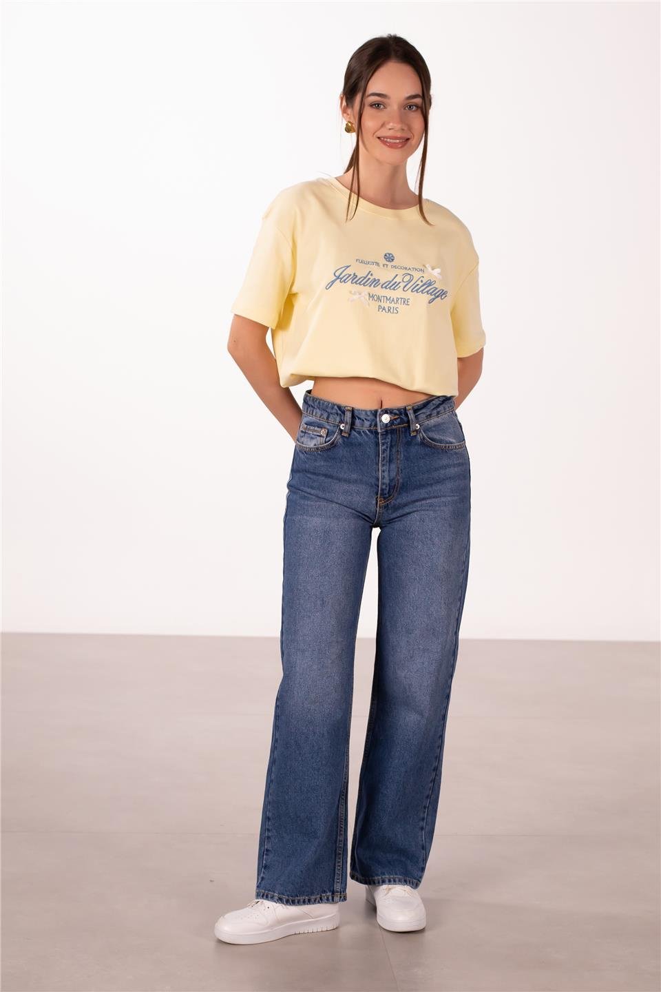 Geniş paça jean pantolon-7000 Orta Mavi