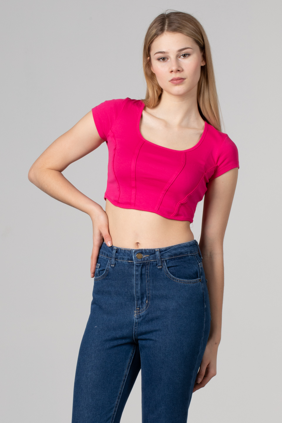 Geniş yaka kısa kol body-8051 Fuşya