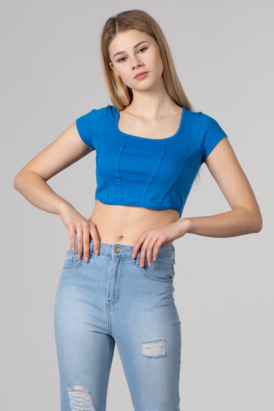 Geniş yaka kısa kol body-8051 Saks