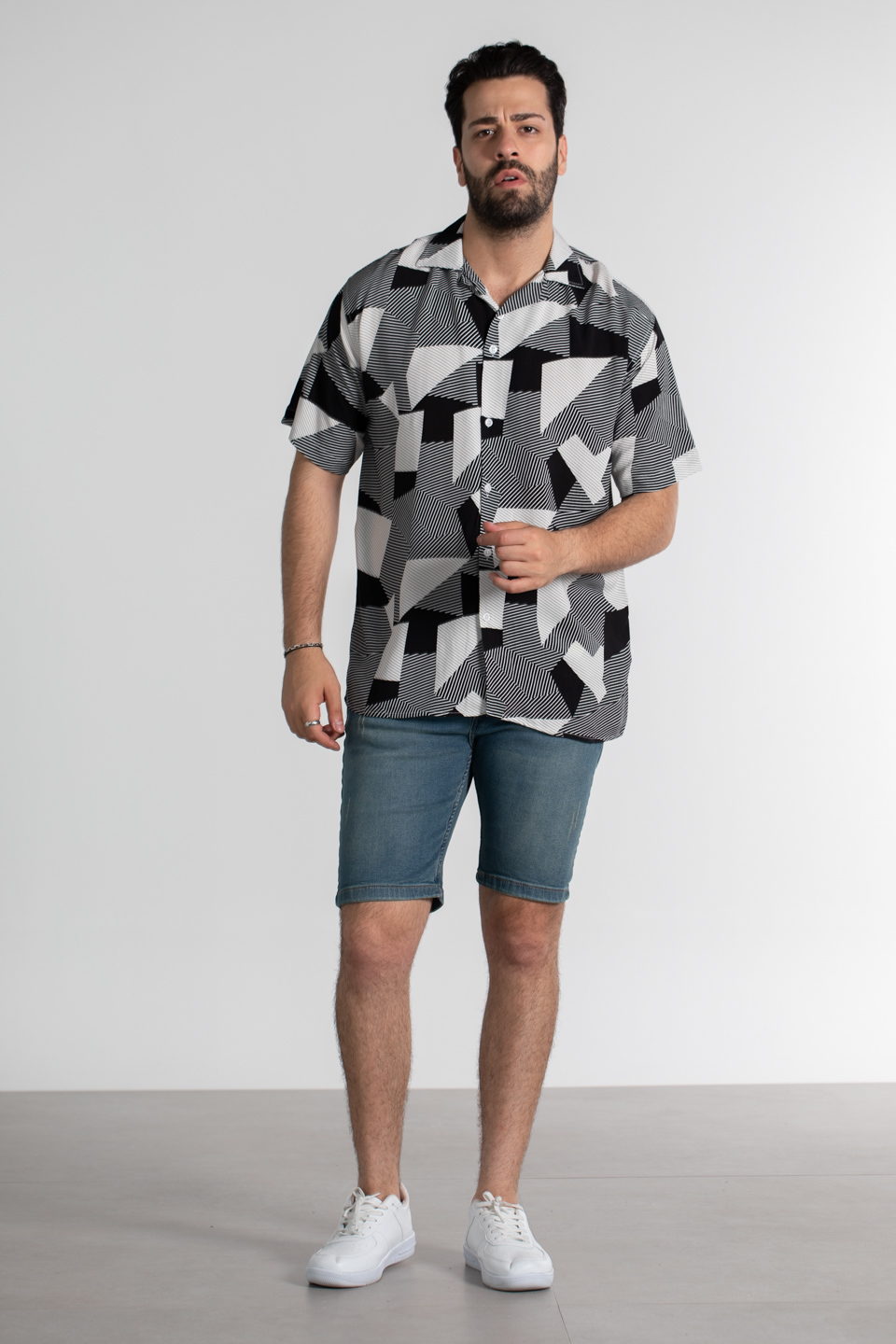Geometrik çizgi desen oversıze gömlek-6024 Siyah