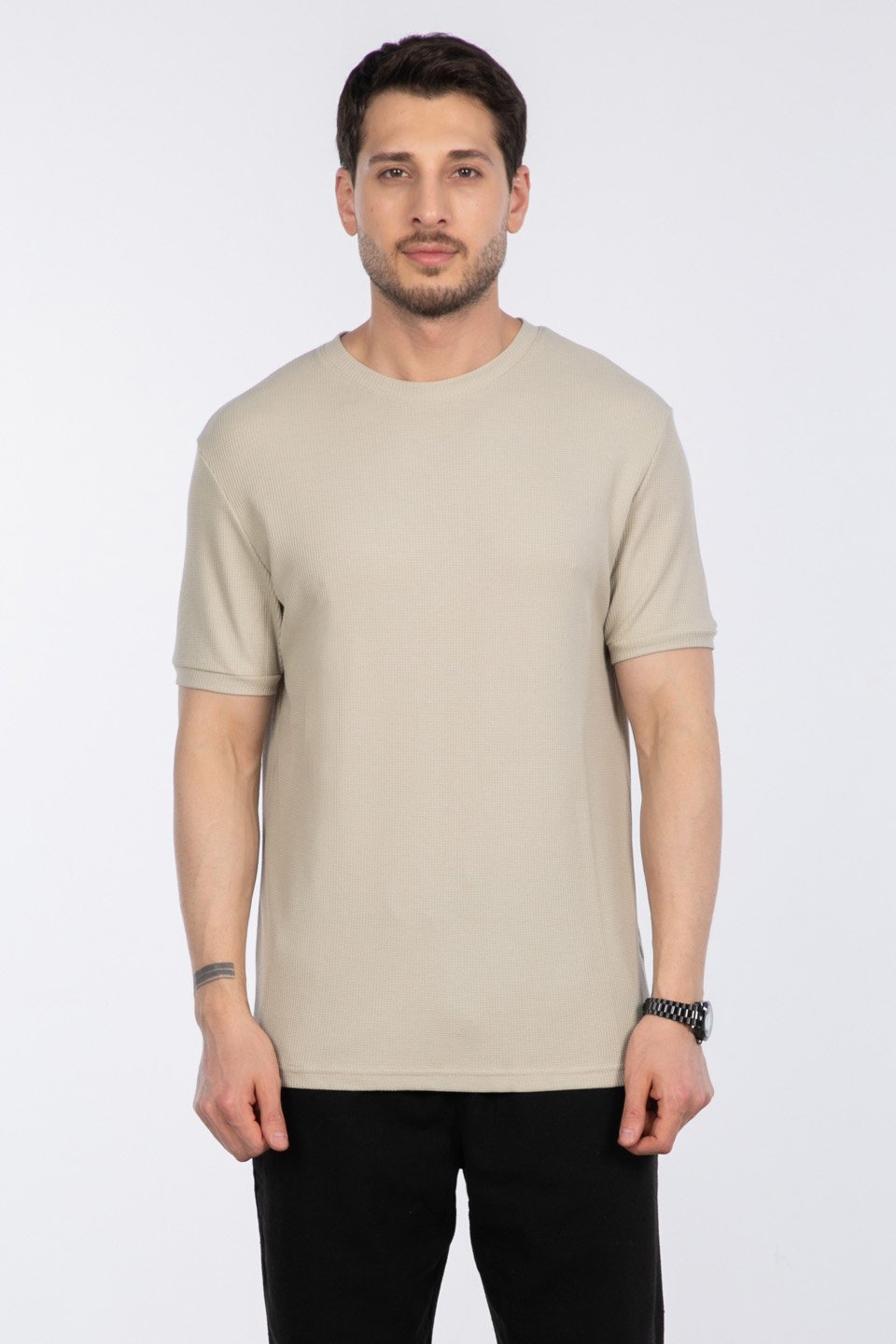 Gipeli waffal basıc t-shirt-2709 Taş
